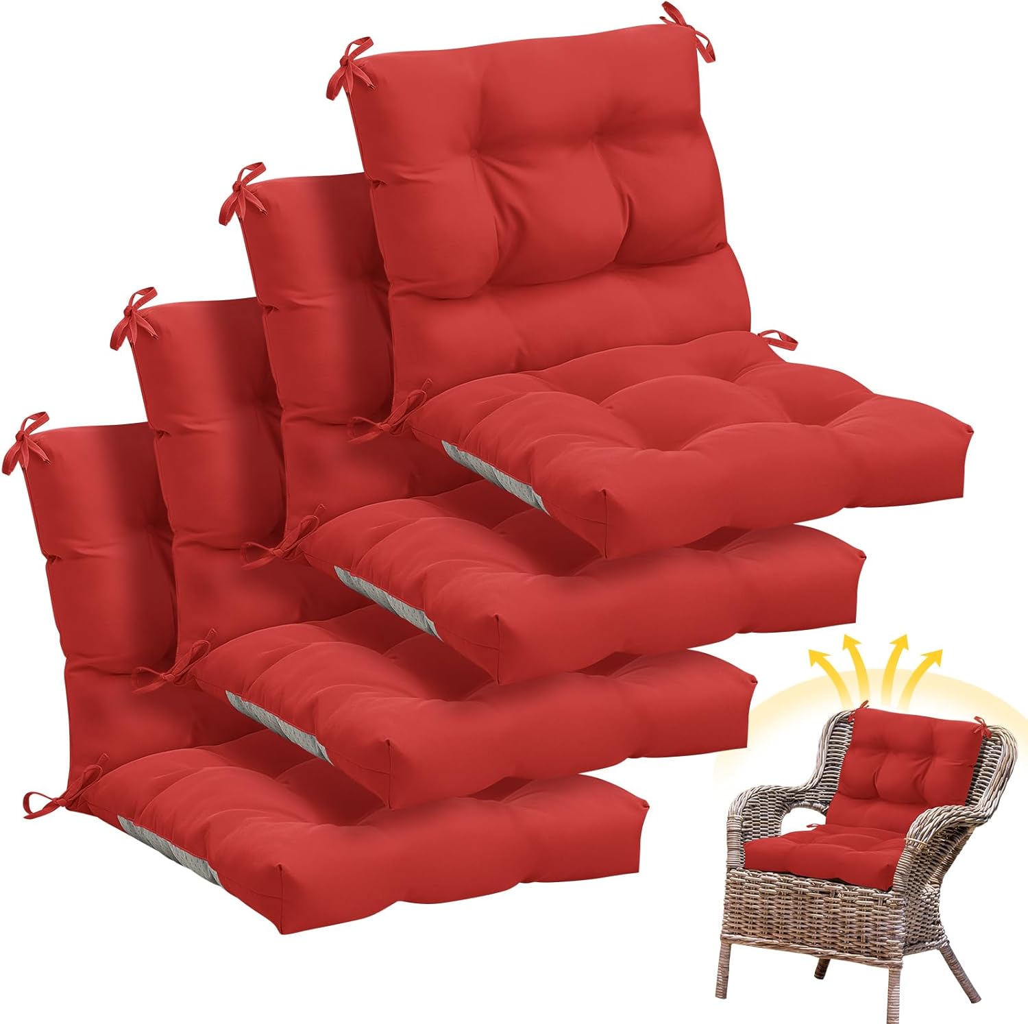 Marsui 4 Pcs Outdoor Indoor High Back Chair Cushions Patio Furniture Tufted Pillow with Ties All Weather Replacement Outdoor Rocking Chair Cushions, 42 x 21 Inches (Red) Red 4