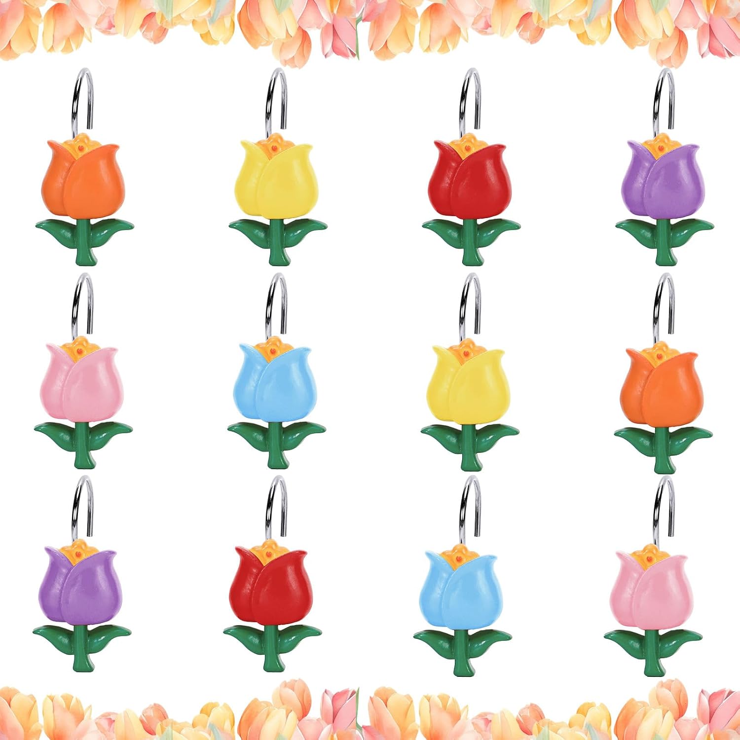 Whaline 12Pcs Spring Tulip Shower Curtain Hooks Decorative Shower Rod Rings Colorful Flower Resin Curtain Hanger Hooks for Living Room Bedroom Bathroom Decor