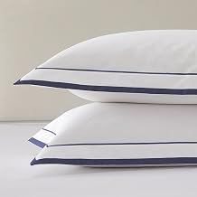 White Pillow Shams Standard Size 2Pcs, 100% Cotton Pillow Cases, 20x26 | 400TC, Sateen Weave, Envelope Closure, Navy Embroidered Decorative, Luxury Hotel, Oxford Pillowcases, Smooth Soft Breathable