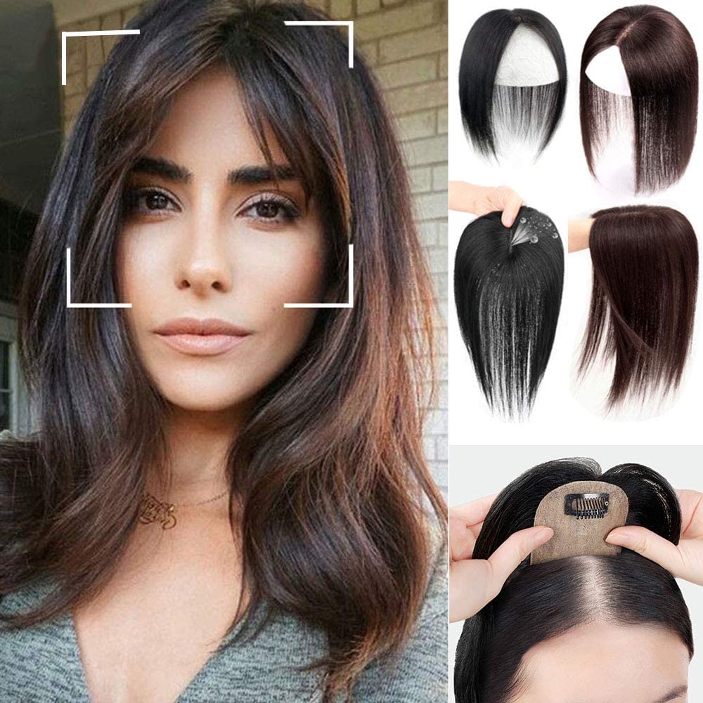 Human Hair Topper Clip in Hairpiece 7x10cm Skin Base Top Hairpiece 12" Invisible Lightweight Toupee Straight Topper Hair Pieces for Women with Slight Thinning Hair Black