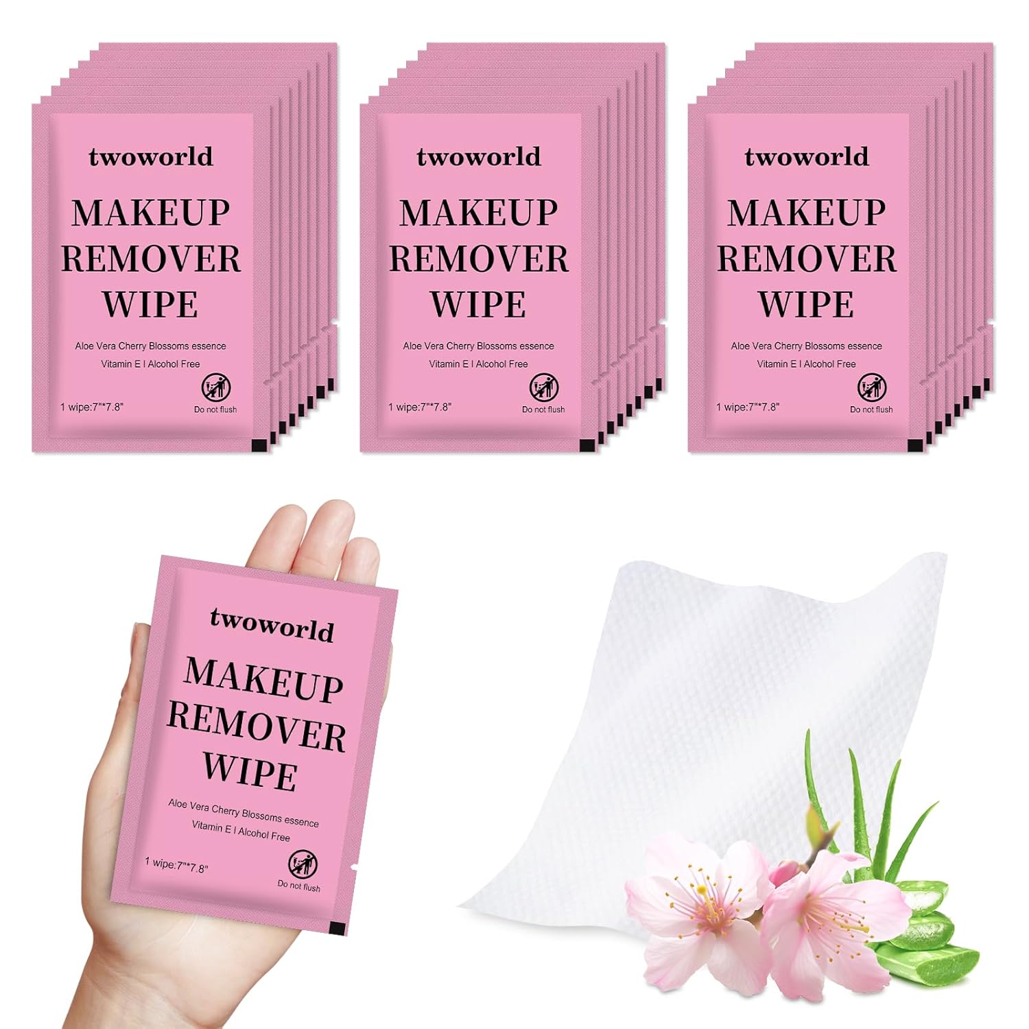 Twoworld Makeup Remover Wipes Bulk Individually Wrapped,Travel Makeup Wipes Gentle for Face Cleansing Mascara Lipstick Travel Hotel(Aloe Vera & Cherry Blossoms,Pack of 300)