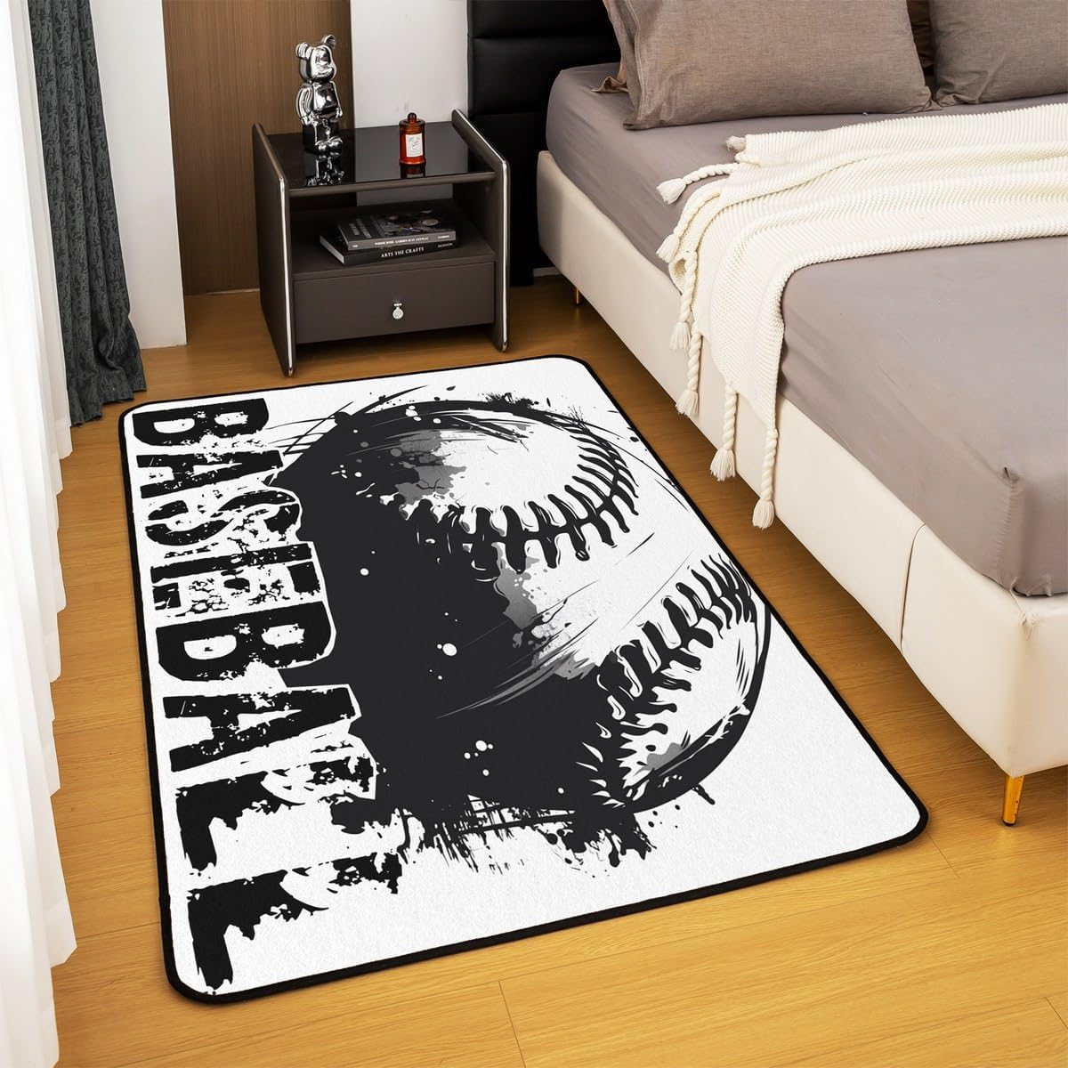 Erosebridal Baseball Area Rug 3'x5',Sports Theme Decorative Rug Kids Teens Boys Men Adult Modern Carpet,Baseball Player Indoor Floor Mat for Bedroom Living Room Bedside Playroom Black White