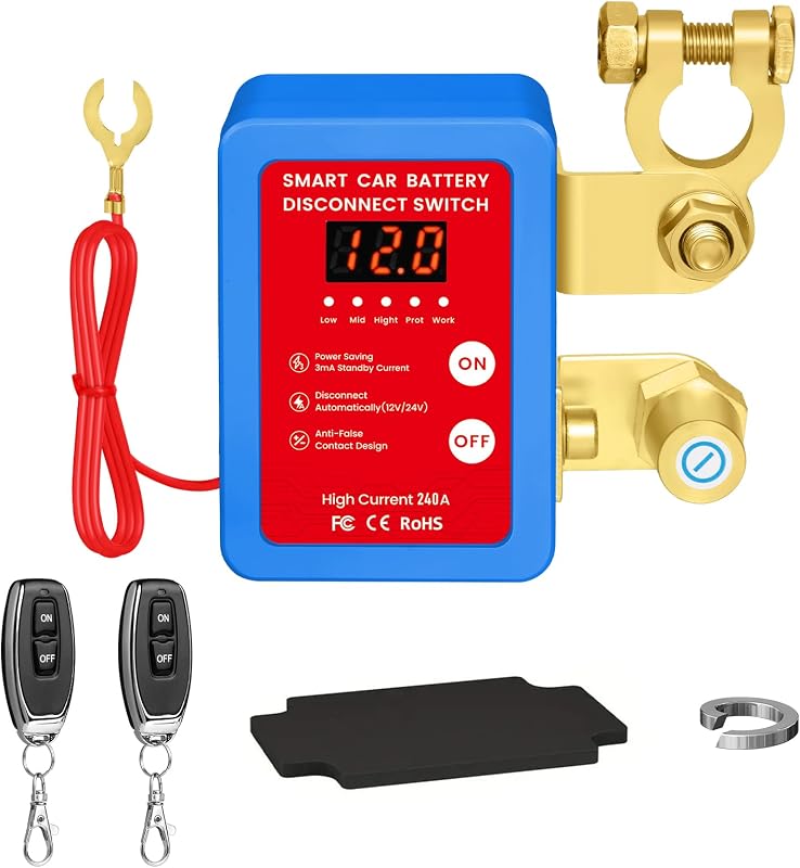 Remote Battery Disconnect Switch 12V, 240A Kill Switch for Car with Voltage Display & Automatic Power Shut Off, Anti Theft Battery Cut Off Switch for Vehicle RV Boat (Blue)