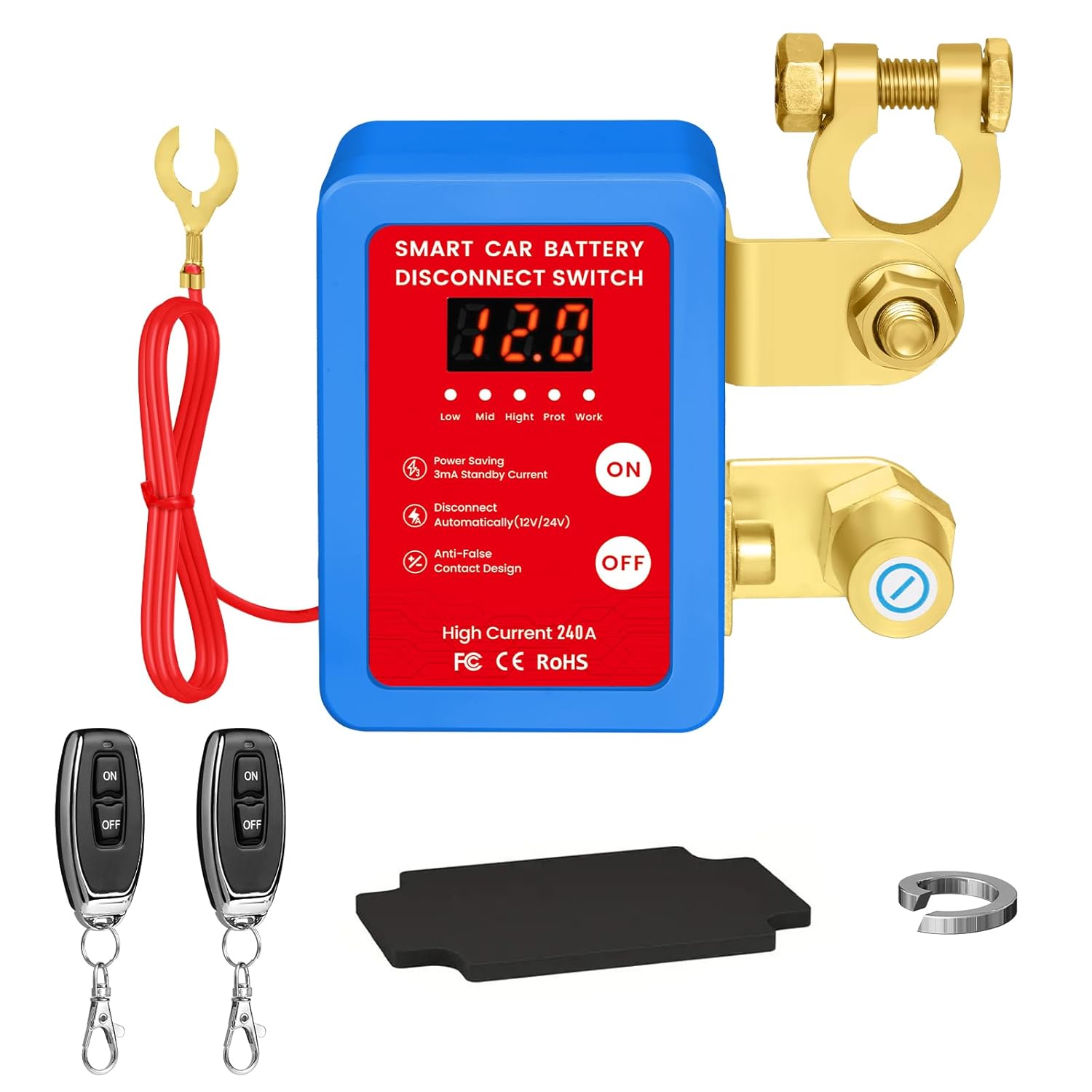 Remote Battery Disconnect Switch 12V, 240A Kill Switch for Car with Voltage Display & Automatic Power Shut Off, Anti Theft Battery Cut Off Switch for Vehicle RV Boat (Blue)
