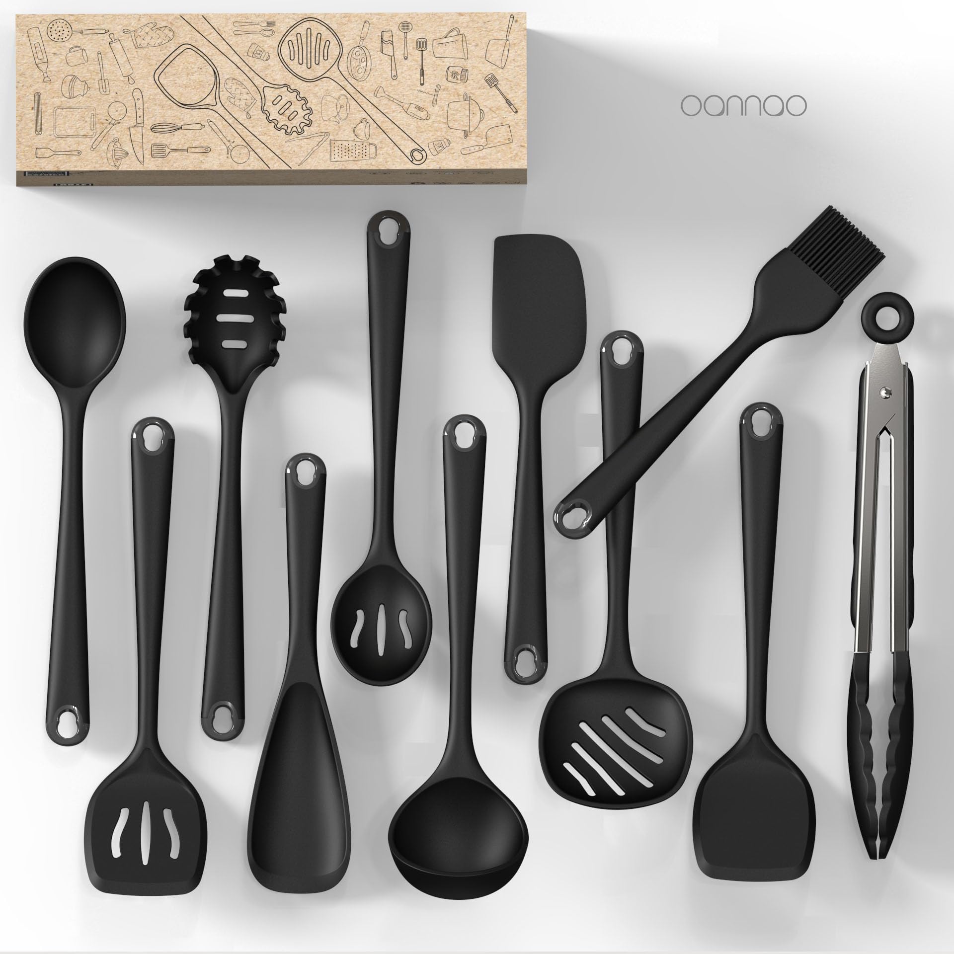 Set di utensili da cucina in silicone, resistenti al calore, spatola, cucchiaio, frusta, pinze, utensili da cucina per pentole antiaderenti, lavabili in lavastoviglie, senza BPA (nero)