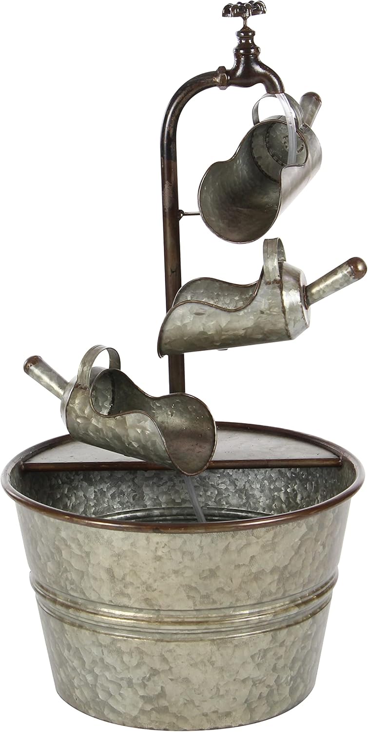 Deco 79 Metal Fountain with Watering Cans, 15" x 15" x 28", Gray