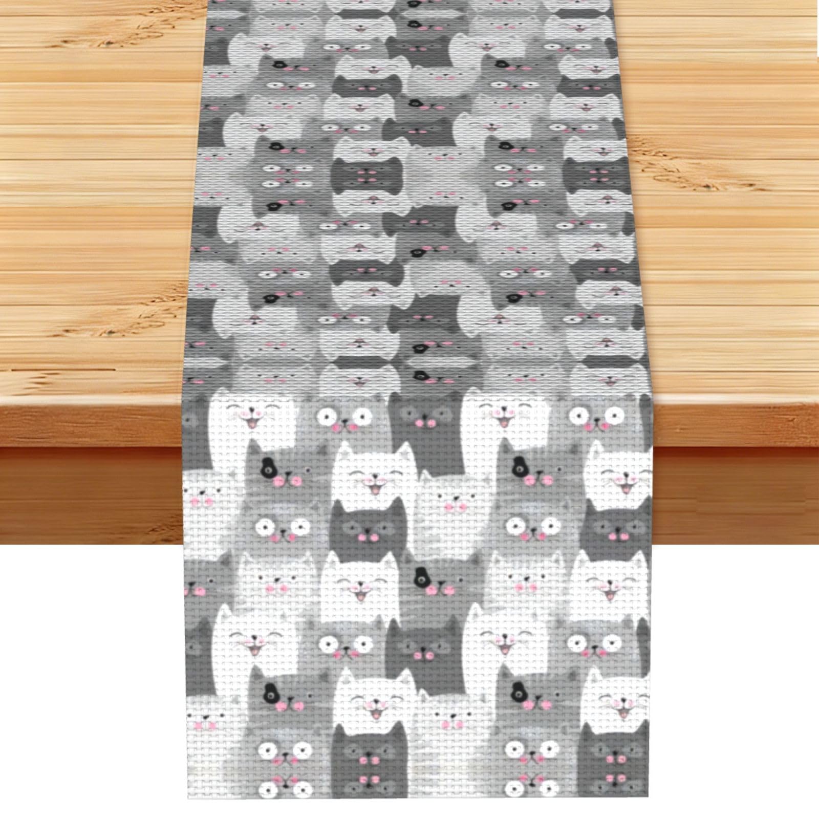 Cute Funny Grey Cats Pattern Linen Feel Table Runner Wedding Party Home Decoration