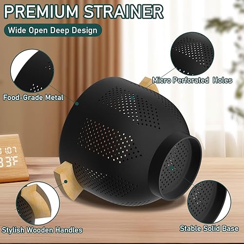 Miniatura 3 de Colador de metal con mango de madera de bambú, colador grande de 6 cuartos de galón con base autodrenante, cuenco colador de cocina para pasta,