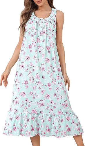 IZZY + TOBY Camisones de algodón para mujer, sin mangas, suave, camisón de noche, camisón largo