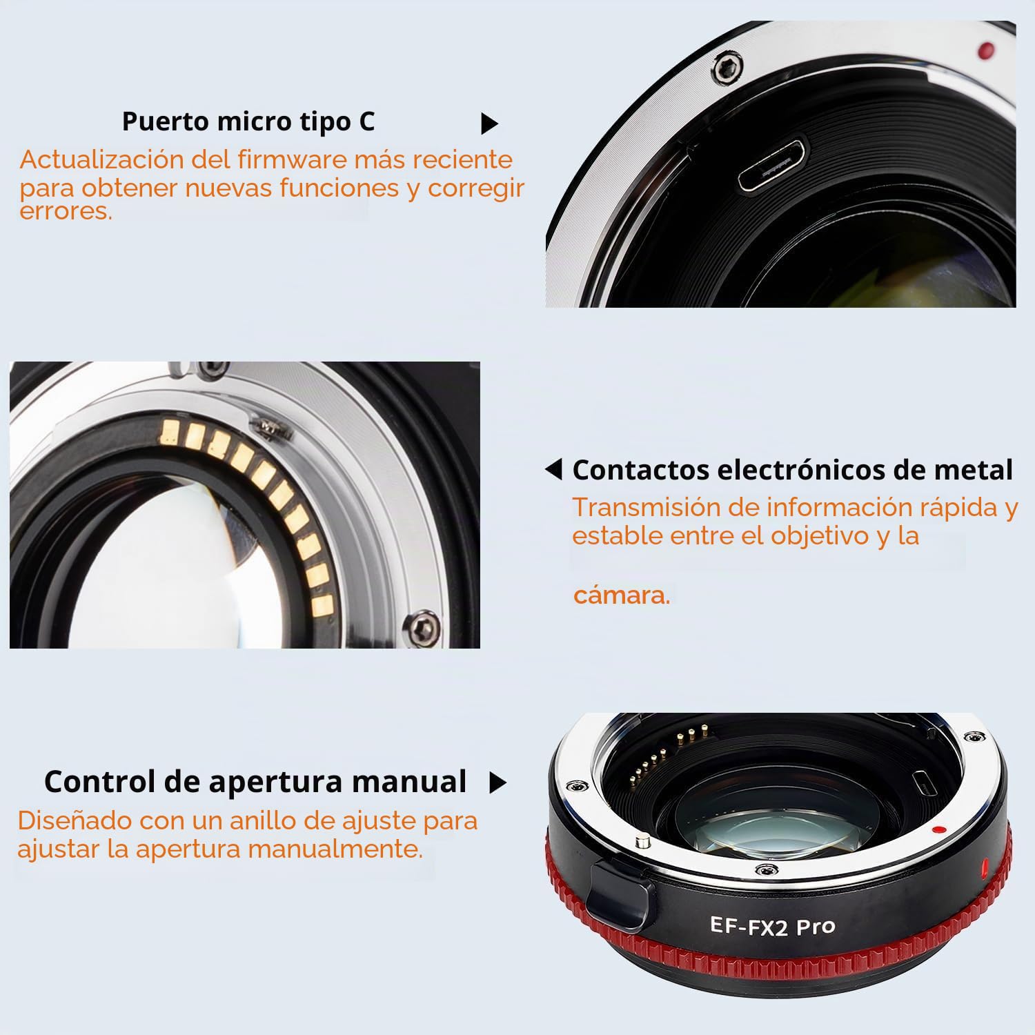 EF-FX2 Pro - Adaptador de Lente de Enfoque automático Compatible con Canon EF Lente a cámara X-Mount Fuji-Film x-a1/2/3/5/10/20, x-t1/2/3/10/20/100, x-e1/2/3, x-pro1/2, x-h1