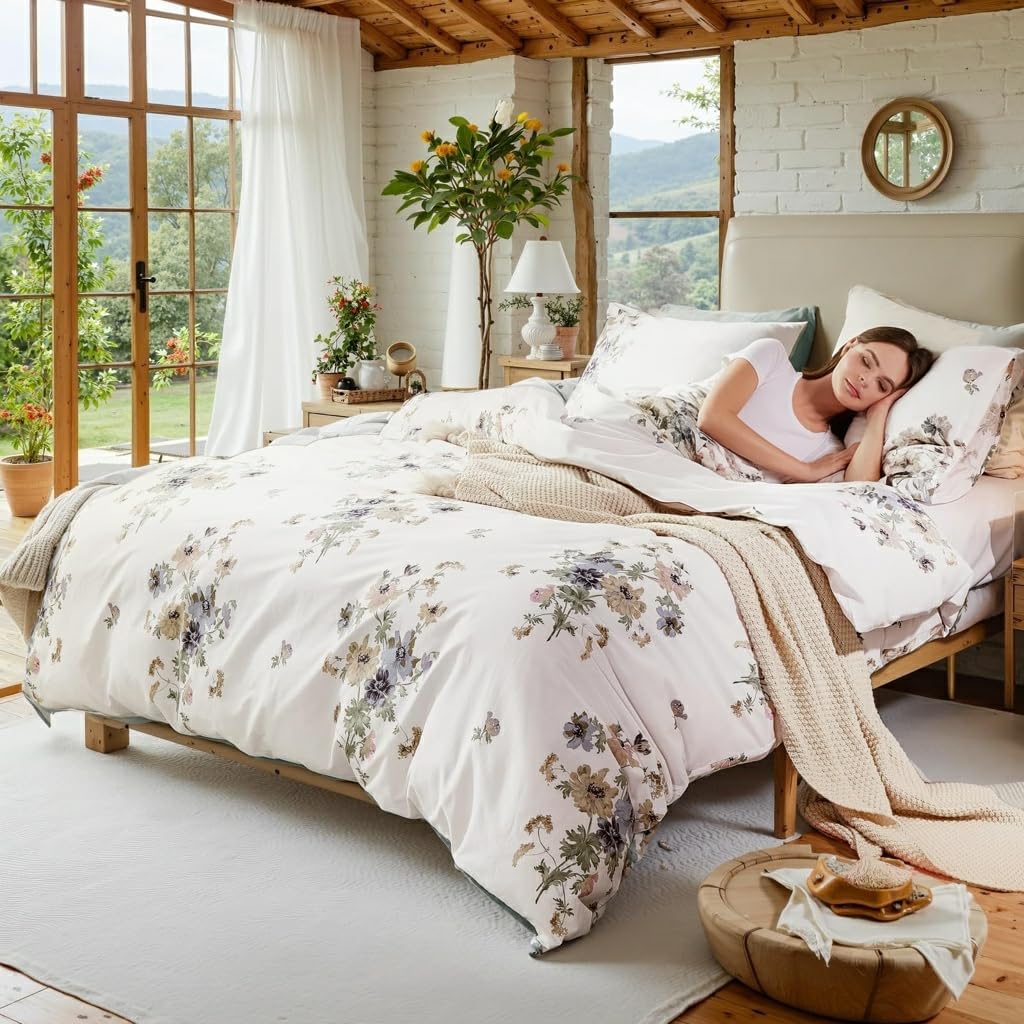 Floral Comforter King Size 100% Cotton Comforter with Blush Blue Floral 3 Pieces Vintage Botanical Bedding Sets Soft and Lightweight Comforter Set for All Seasons - Image 3