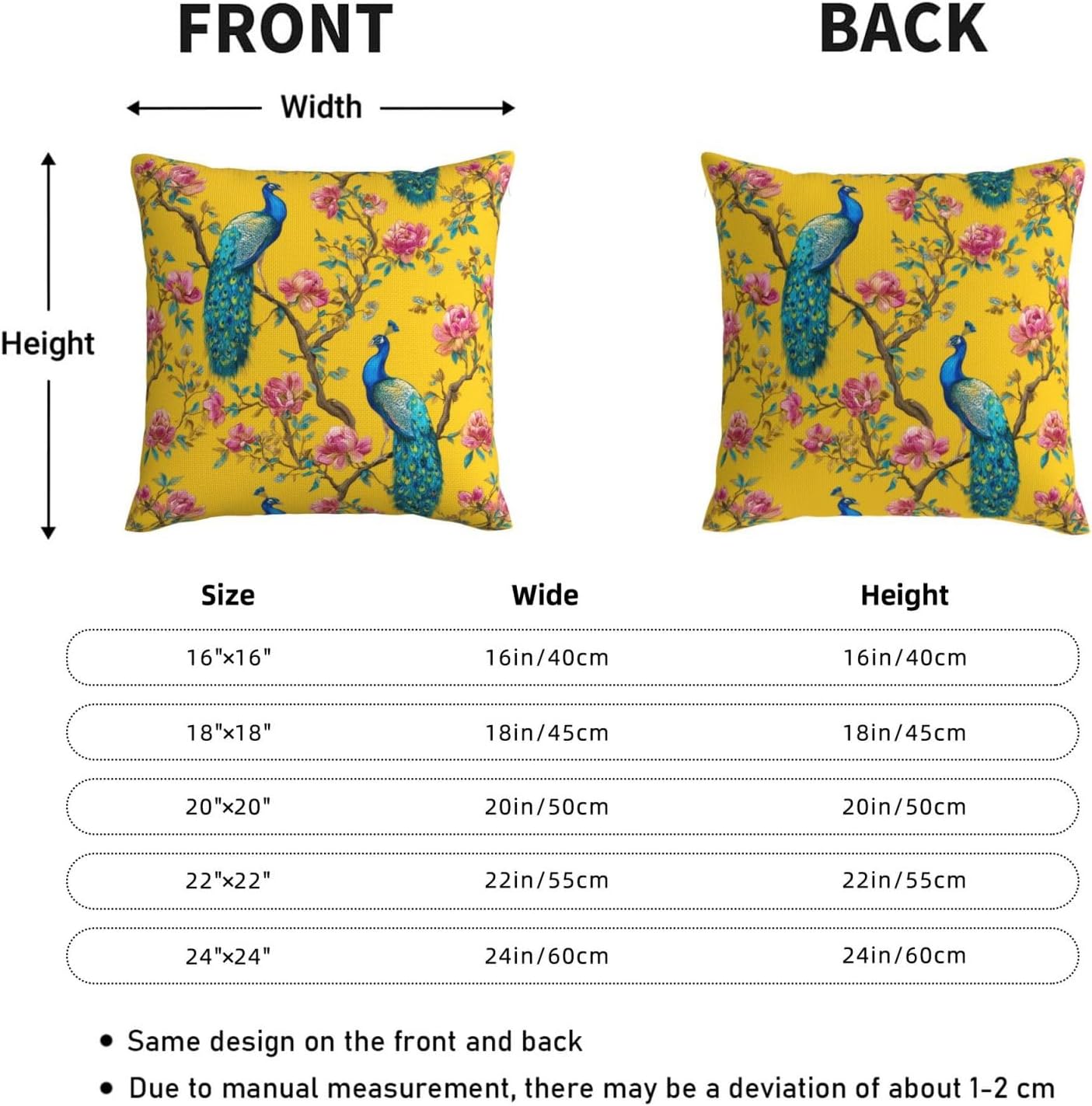 KiuLoam Chinoiserie Peacock Pillow Covers 24x24 Inch Set of 2, Vintage Floral Bird Yellow Decorative Throw Pillows, Rustic Farmhouse Outdoor Square Cushion Cases for Sofa Couch Bed Home Decor