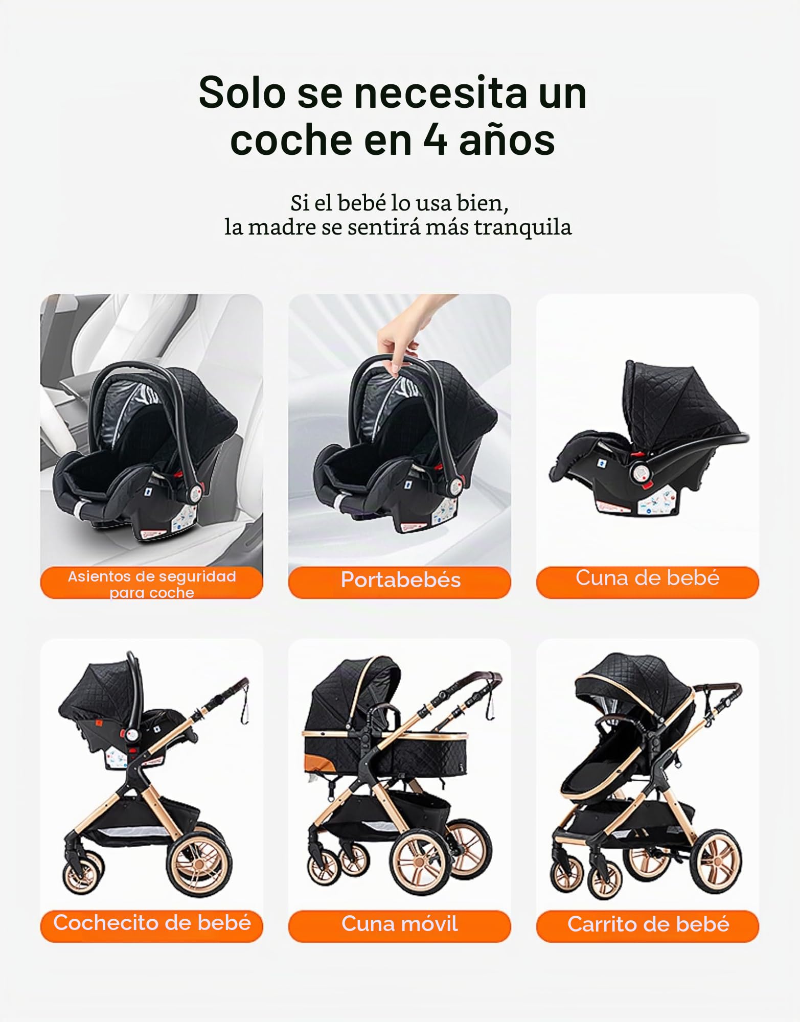 Carrito bebé 3 Piezas, Carro, Carrito bebé 3 en 1, Silla Paseo, Sistema de viaje, Plegable, neumáticos de caucho, Con accesorios, Góndola, Adaptateurs, 25 kg (XX1 Negro)