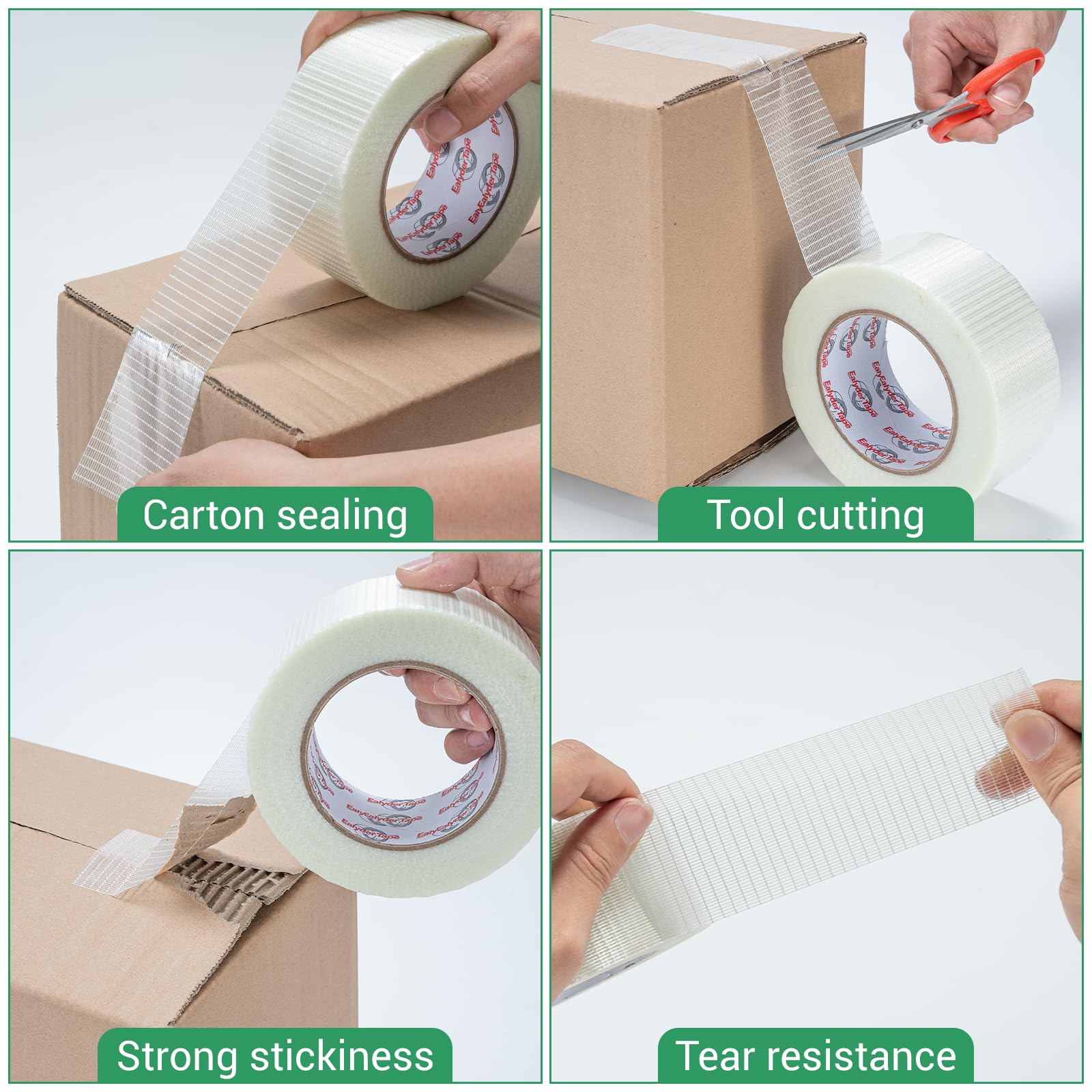 3 Rollos 50mm x 50m Cinta De Filamento, Claro Filamento Cinta de Flejado, Cinta de Fibra de Vidrio, Cinta de Sellado De Uso Pesado Impermeable