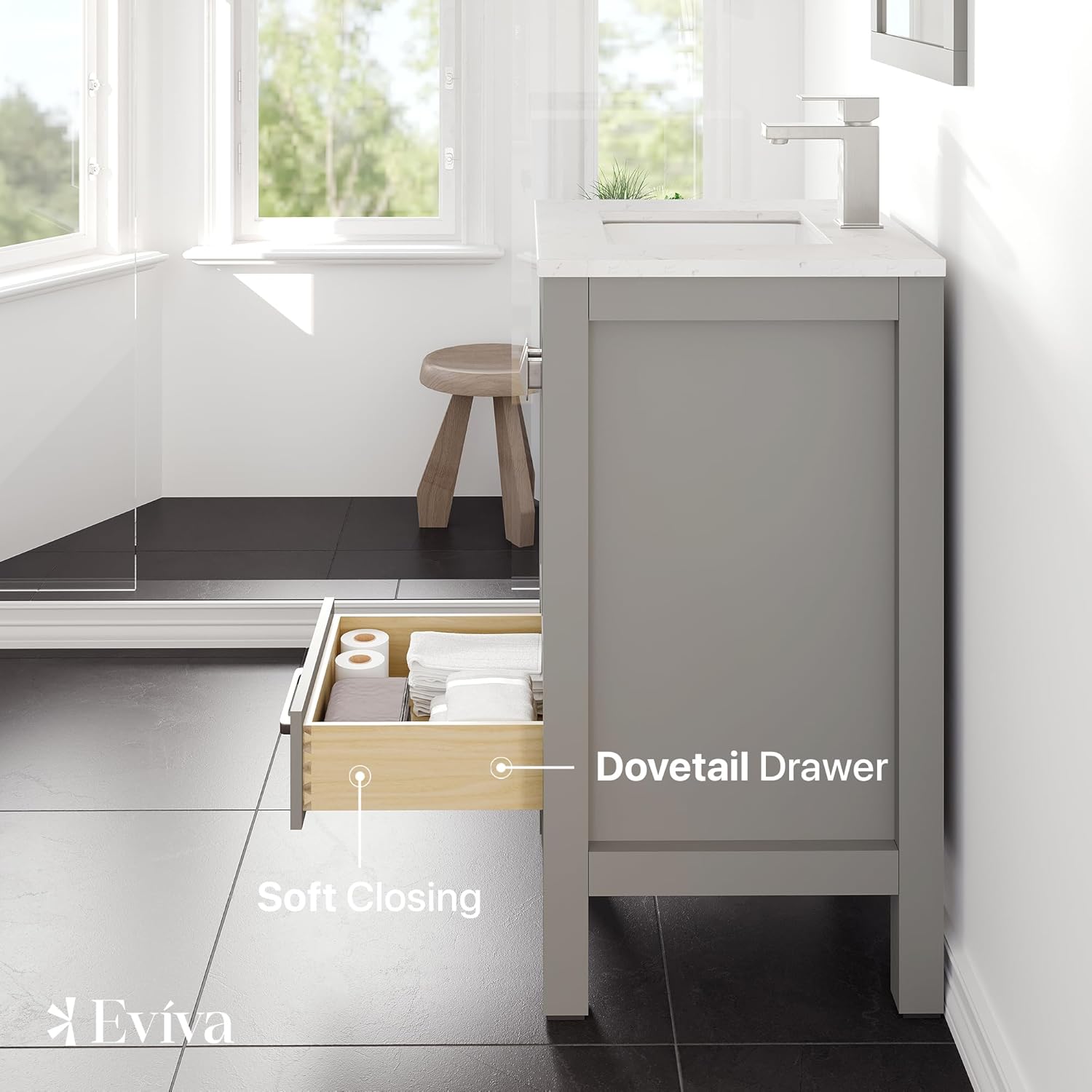 Eviva London 20 Inch Bathroom Vanity with Sink - Grey Vanity Bathroom, Porcelain Sink and Quartz Countertop, Freestanding 20 Vanity with Sink Combo, Ideal Bathroom Vanities for Home Decor