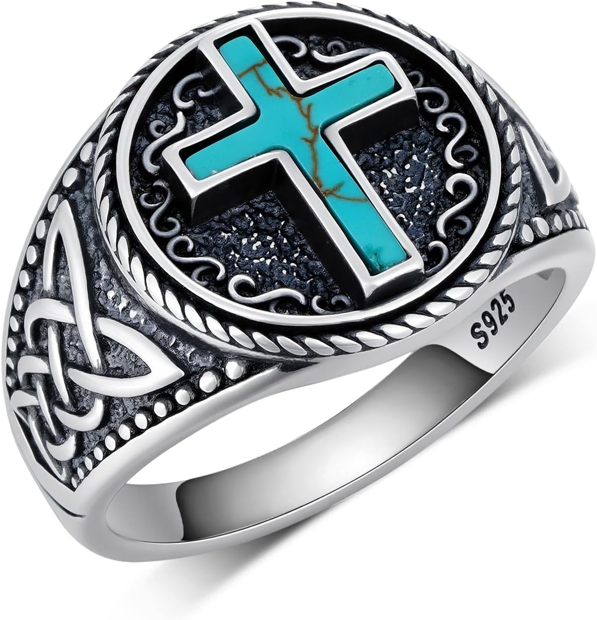 Genuine Corss Turquoise Rings 925 Sterling Silver Turquoises Ring Western Nature Gemstone Turquoises Jewelry Gifts for Men-7