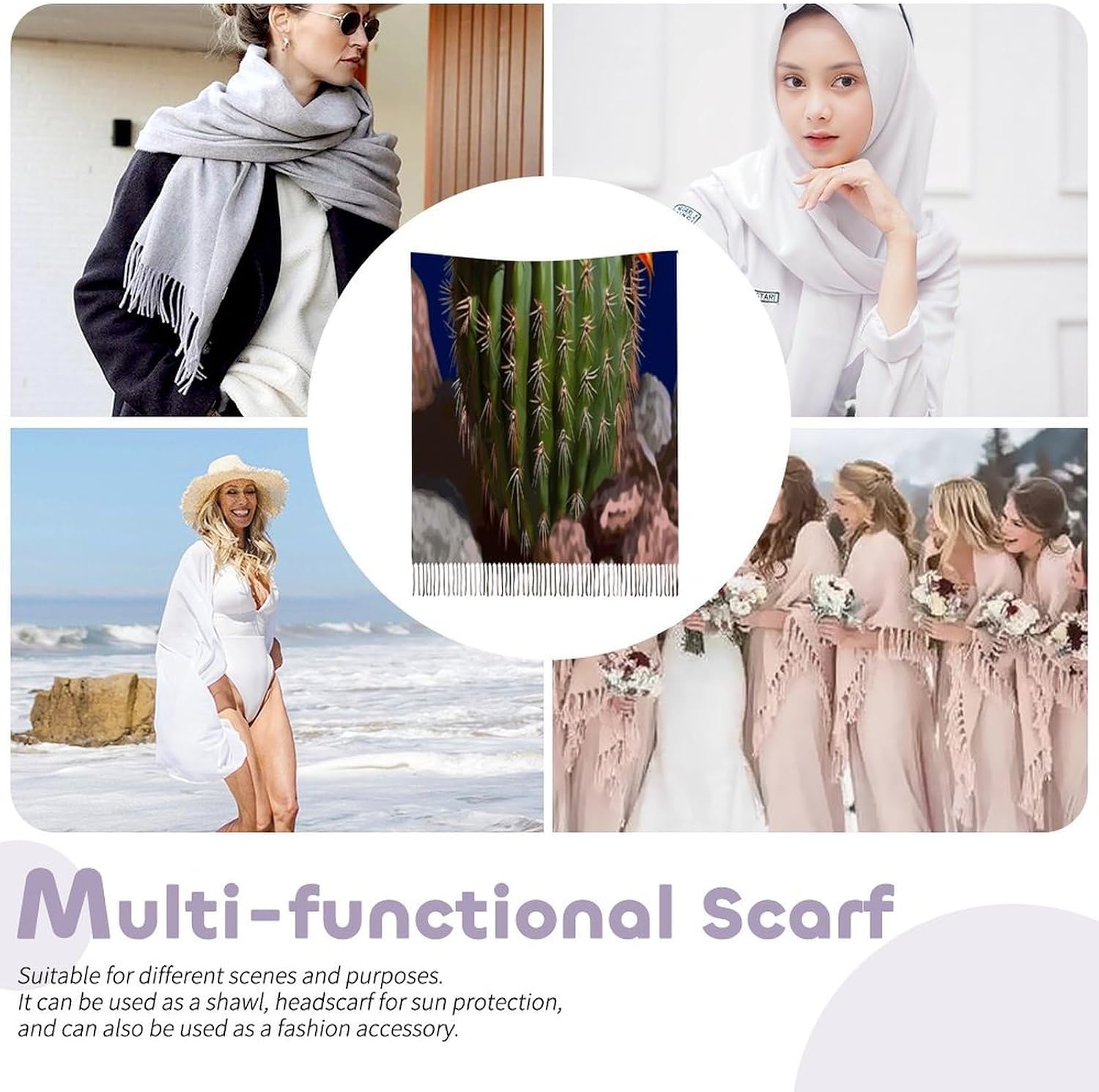 Blooming Barrel Cactus Winter Scarf for Women Soft Tassel Scarves Oversized Wraps Long Shawl Cold Weather Thick Blanket Scarfs