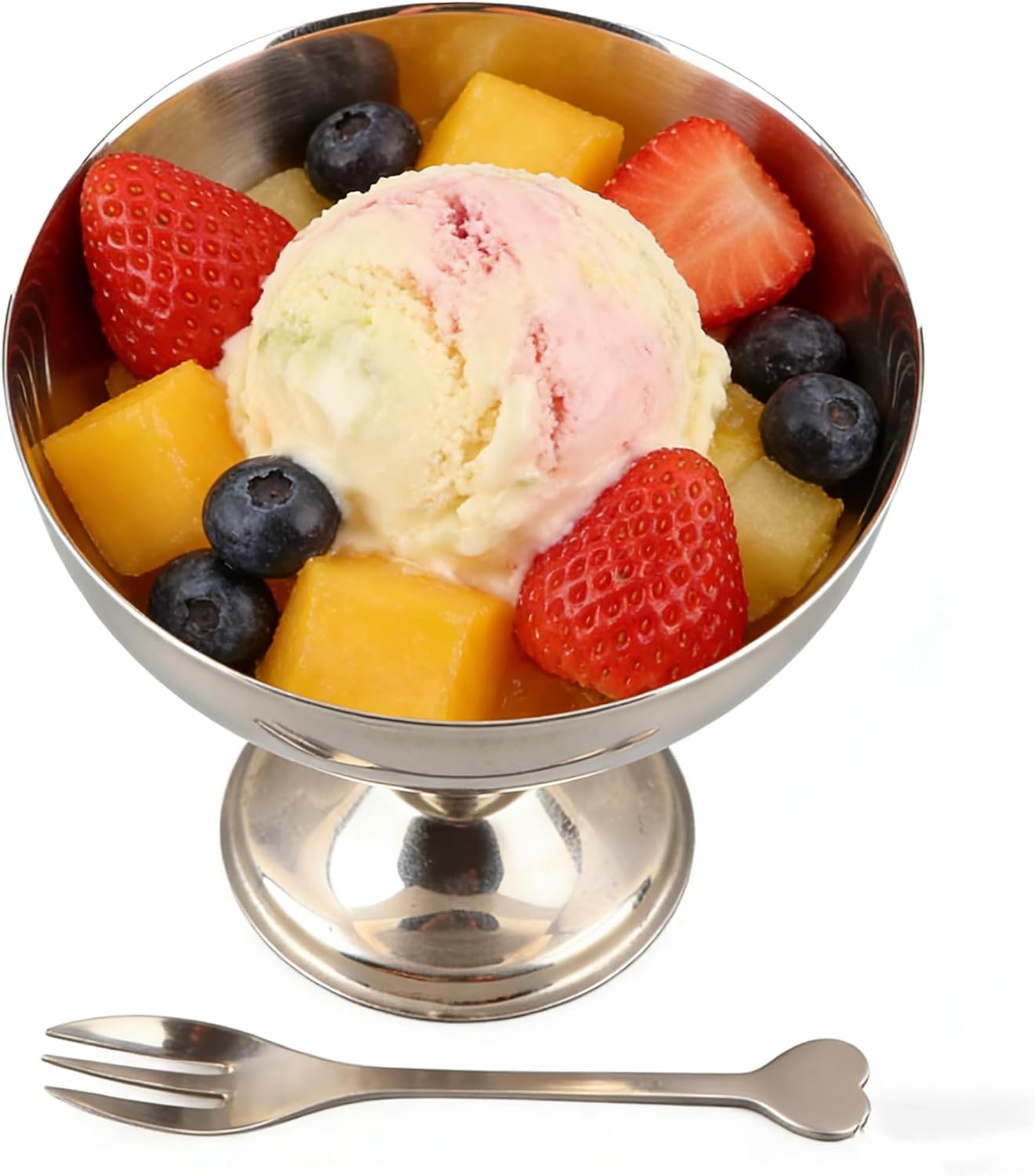 Ice Cream Bowls Stainless Steel Dessert Bowl Diameter 10 cm Retro Salad Bowl Reusable Ice Cup Milkshake Cup Snack Cup Ice Cream Shake Cup Dessert Glasses with Fork for Fruit Yoghurt Fruit Pudding