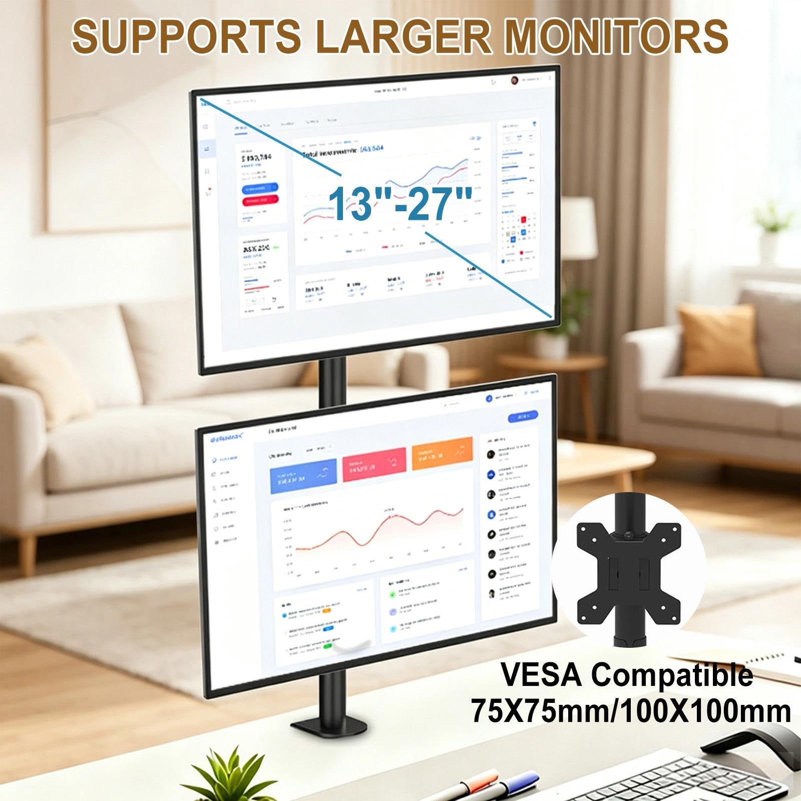Supporto per monitor 2 monitor sovrapposti a due bracci, regolabile in altezza, per 17-49 pollici piatto curvo