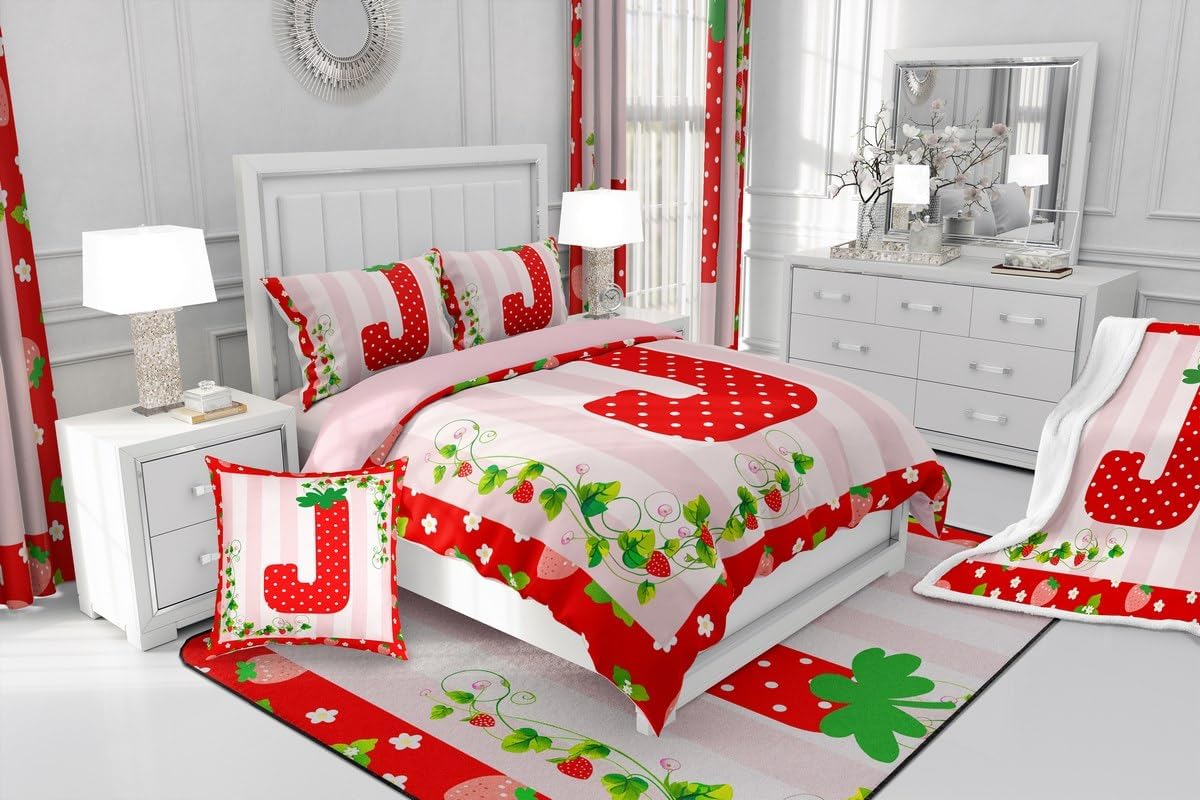 Feelyou Strawberry Comforter Set Twin Size Initial J Bedding Set Gifts for Women Teen Girl,Duvet Quilt Personalized Letter J Bedroom Decor Strawberry Themed Microfiber 2 Pcs with 1 Pillow Cases