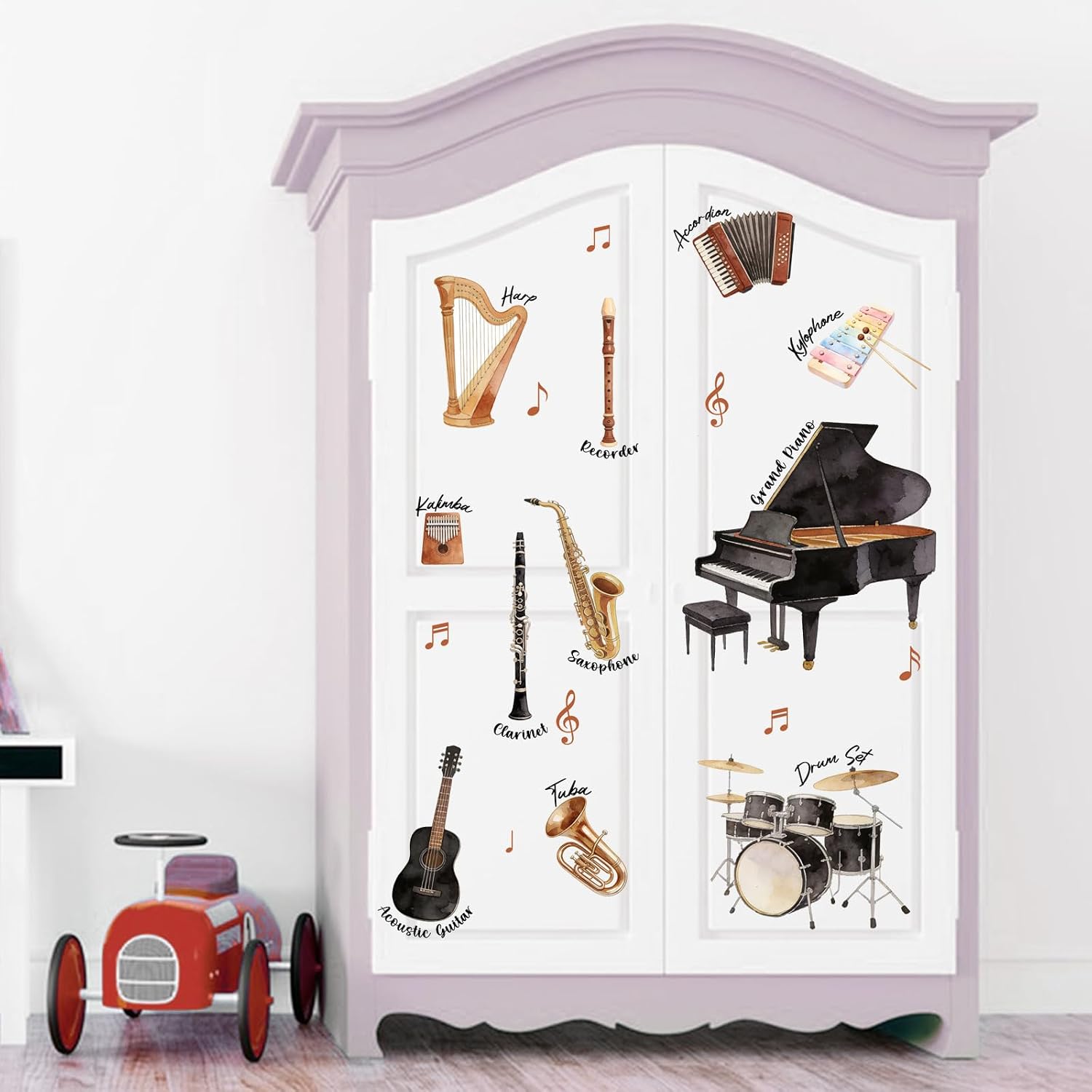 Mfault Watercolor Musical Instruments Wall Decals Stickers, Classical Music Grand Piano Guitar Drum Set Harp Notes Classroom Decor Art, Musician Studio Bedroom Home Decorations Music Lover Gifts