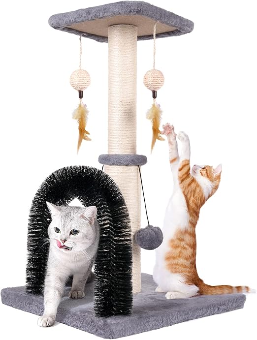 Cat Scratching Post with Self Groomer and Top Platform - Durable Sisal Cat Scratcher Stable Cat Scratch Post with Dangling Balls, Verstile Cat Scratching Poles for Indoor Cats (Grey)