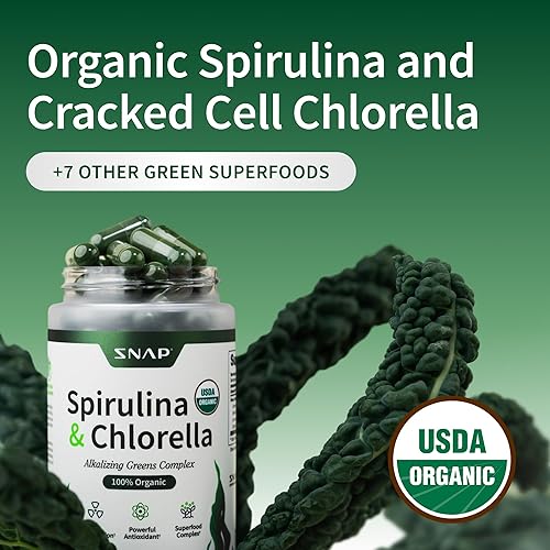 Vista 3 de USDA Cápsulas orgánicas de Chlorella Spirulina – Superalimentos verdes para apoyo cardíaco, energía natural y control de glucosa, vitaminas