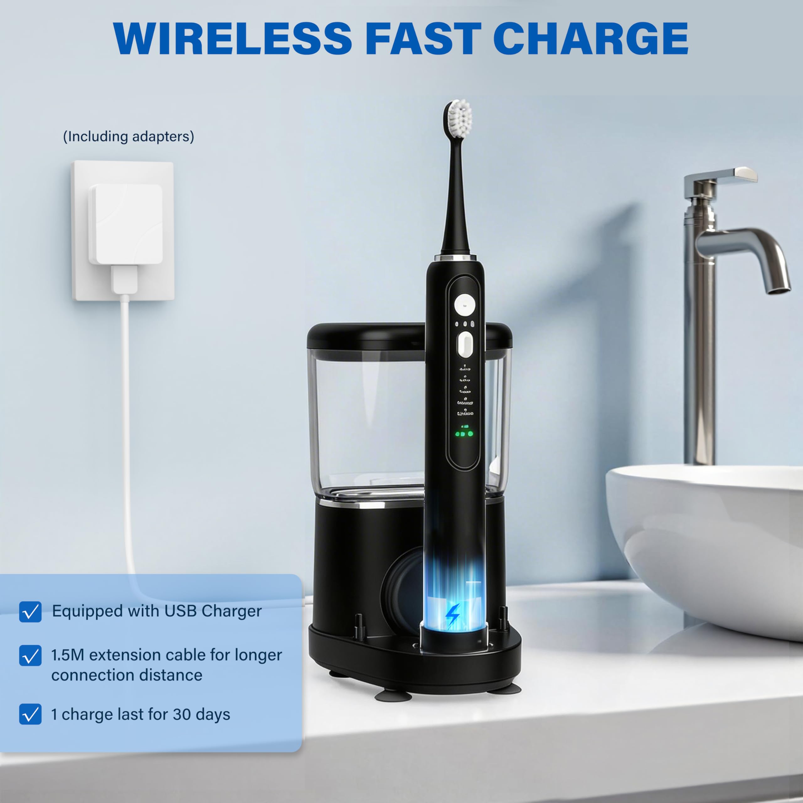 ZoCCee Spazzolino elettrico con idropulsore – Ricarica wireless 3 in 1 Spazzolino da denti filo interdentale – 500 ml professionale senza fili spazzola e filo interdentale in uno, 5 modalità di