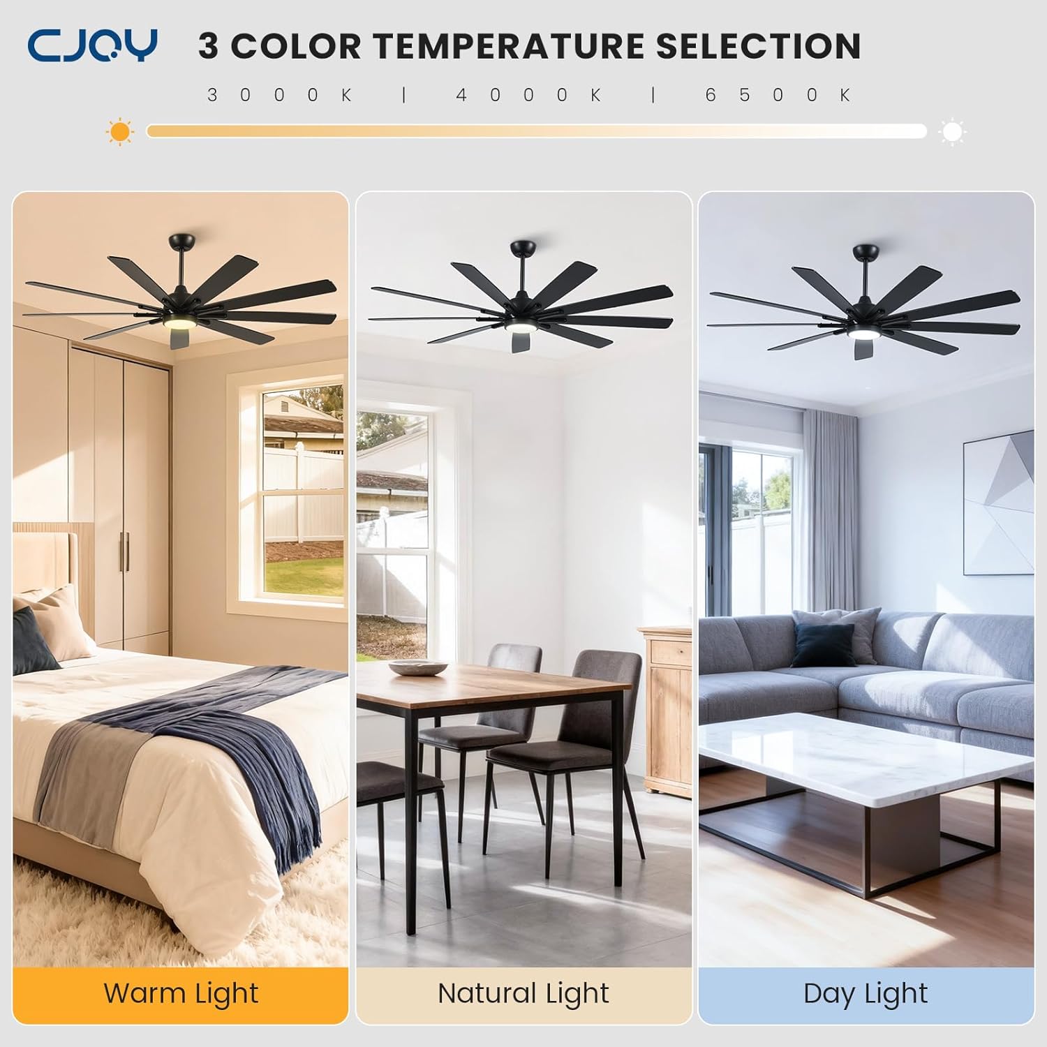 72 Inch Ceiling Fan with Light，Indoor/Outdoor Large Ceiling Fans with Lights for Kitchen Living Room Patio,9 Blade Black Reversible Quiet DC Motor,6 Speeds, Dimmable，3 CCT(Dual Finish )