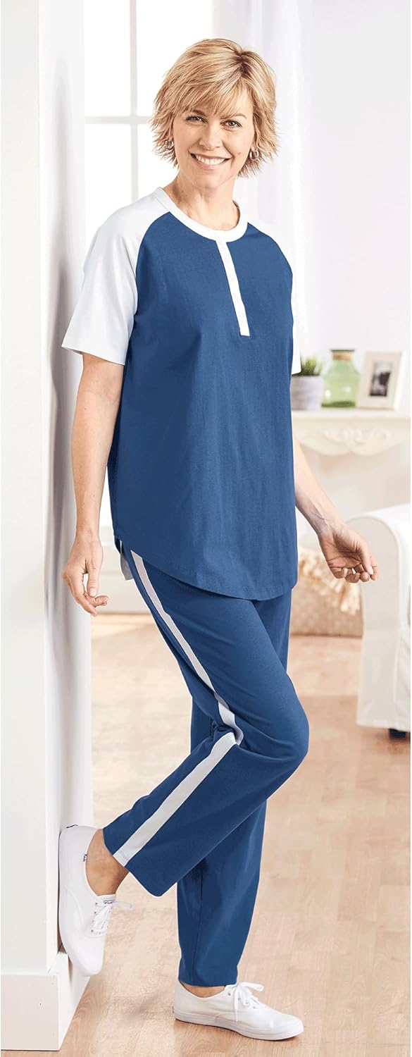 AmeriMark Womens Henley Baseball Shirt Tunic Top Contrast Sleeves - Image 2