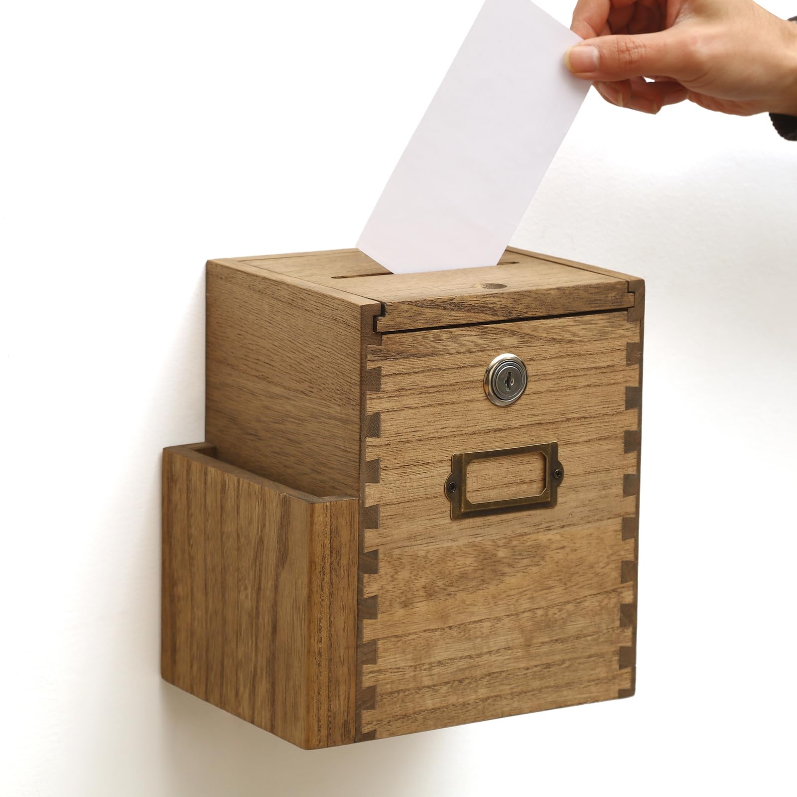KIRIGEN Vorschlagsbox aus Paulownia-Holz mit Schloss, Wandmontage, Einwurfschlitz 10,5 x 0,5 cm, Dunkelbraun
