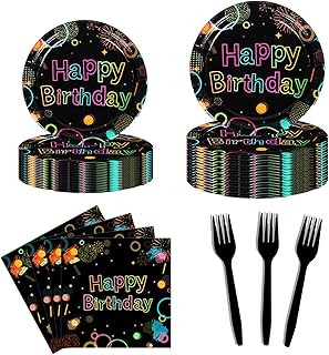 JMOCD 64 Pieces Glow in The Dark Party Supplies Neon Party Tableware Set Birthday Colorful Graffiti Paper Plates Napkins Forks, Straws for Let’s Glow Theme Party, Neon Glow Party Decoration.