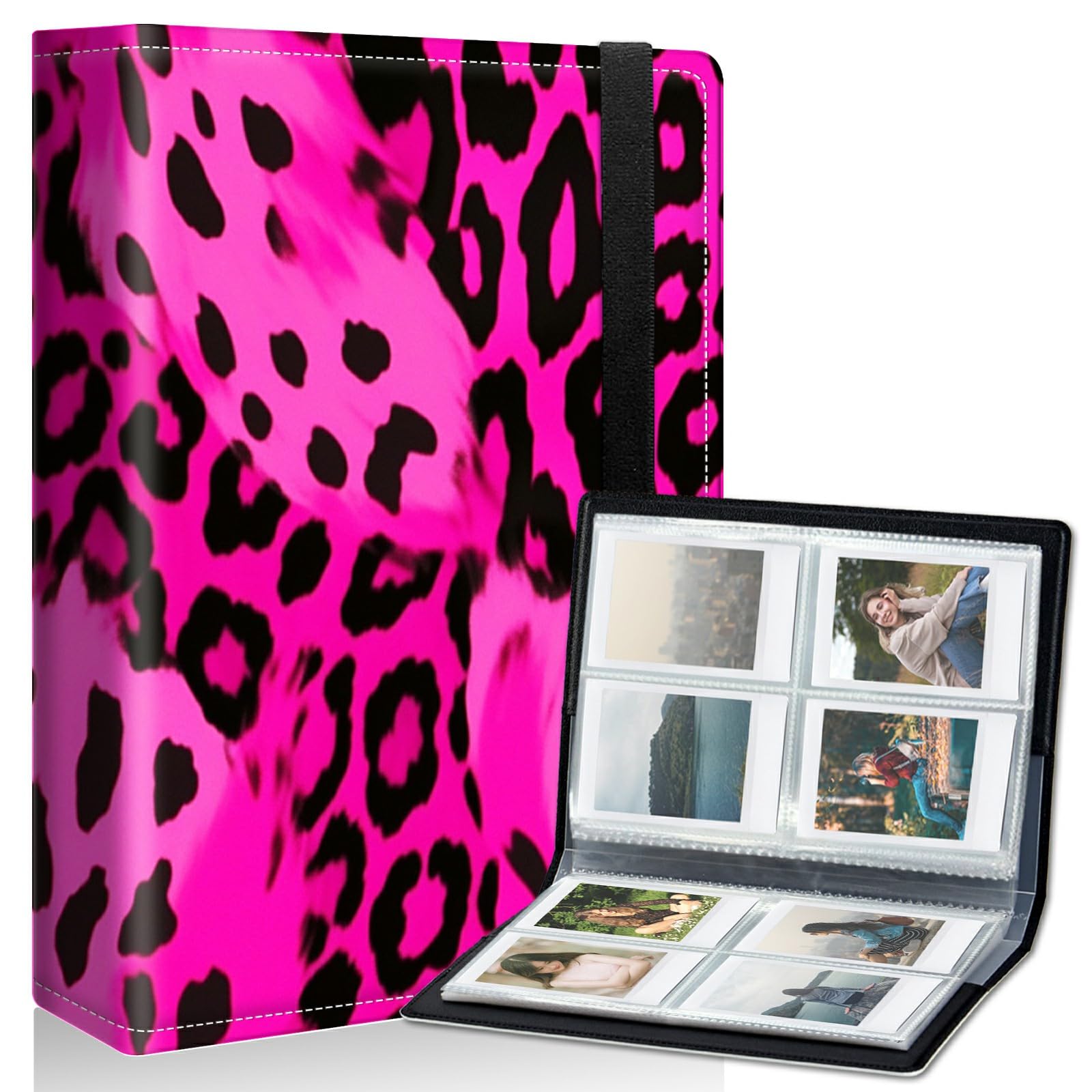 DIGTIALL 8.58x6.89 Inch Photo Album Pink Leopard Print Theme PU Leather Cover with Elastic Band 32 Sleeves 252 Photos Transparent Pockets Design for Family Anniversary Wedding Baby Pets