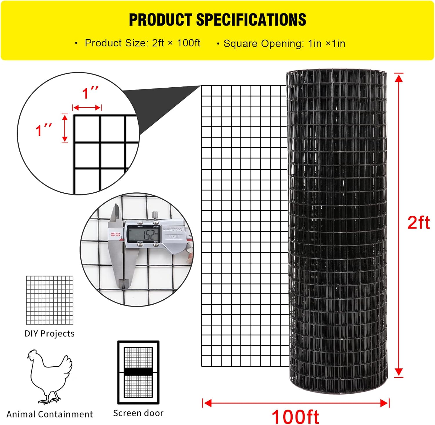 24'' x100' 1inch Hardware Cloth16 Gauge Black Vinyl Coated Welded Fence Mesh for Home and Garden Fence and Home Improvement Project (24'' x 100')