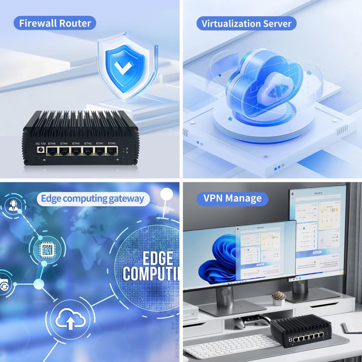 Mini PC Core i5 8250U Firewall Fanless (up to 3.4GHz), Dual DDR4 Barebone Micro Appliance Hardware Computer 6 x SPF LAN, Windows, OPNsense, COM, 4xUSB3.0, AES-NI