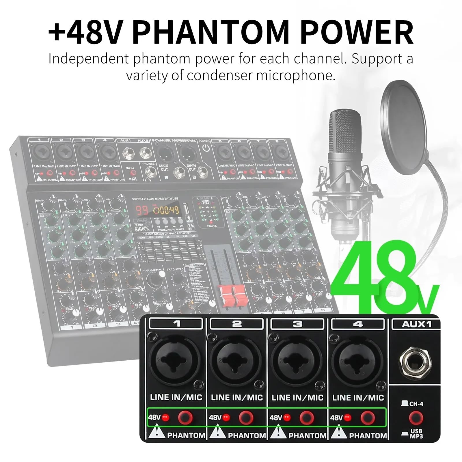 Kontroler DJ-ski, Profesjonalny mikser dźwięku 6/8 kanałów 48 V Phantom Power 2 AUX konsola miksująca 99 efektów cyfrowych(8 channel)