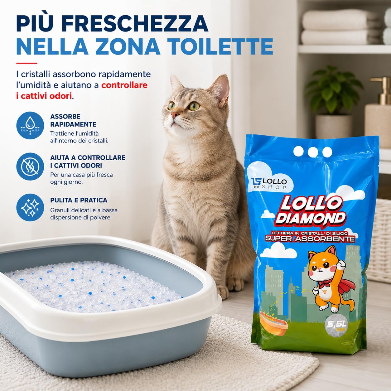Lollo Diamond Lettiera Gatti in Cristalli di Silicio, 8 x 5,5 L, 44 Litri | Alta assorbenza, controllo degli odori e bassa polverosità; granuli delicati, ideali anche per case con più gatti
