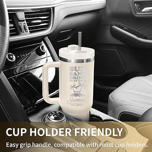 Miniatura 6 de Vaso personalizado con asa, taza de café de viaje de acero inoxidable aislada personalizada de 40 onzas con nombre grabado y tapa de pajilla,