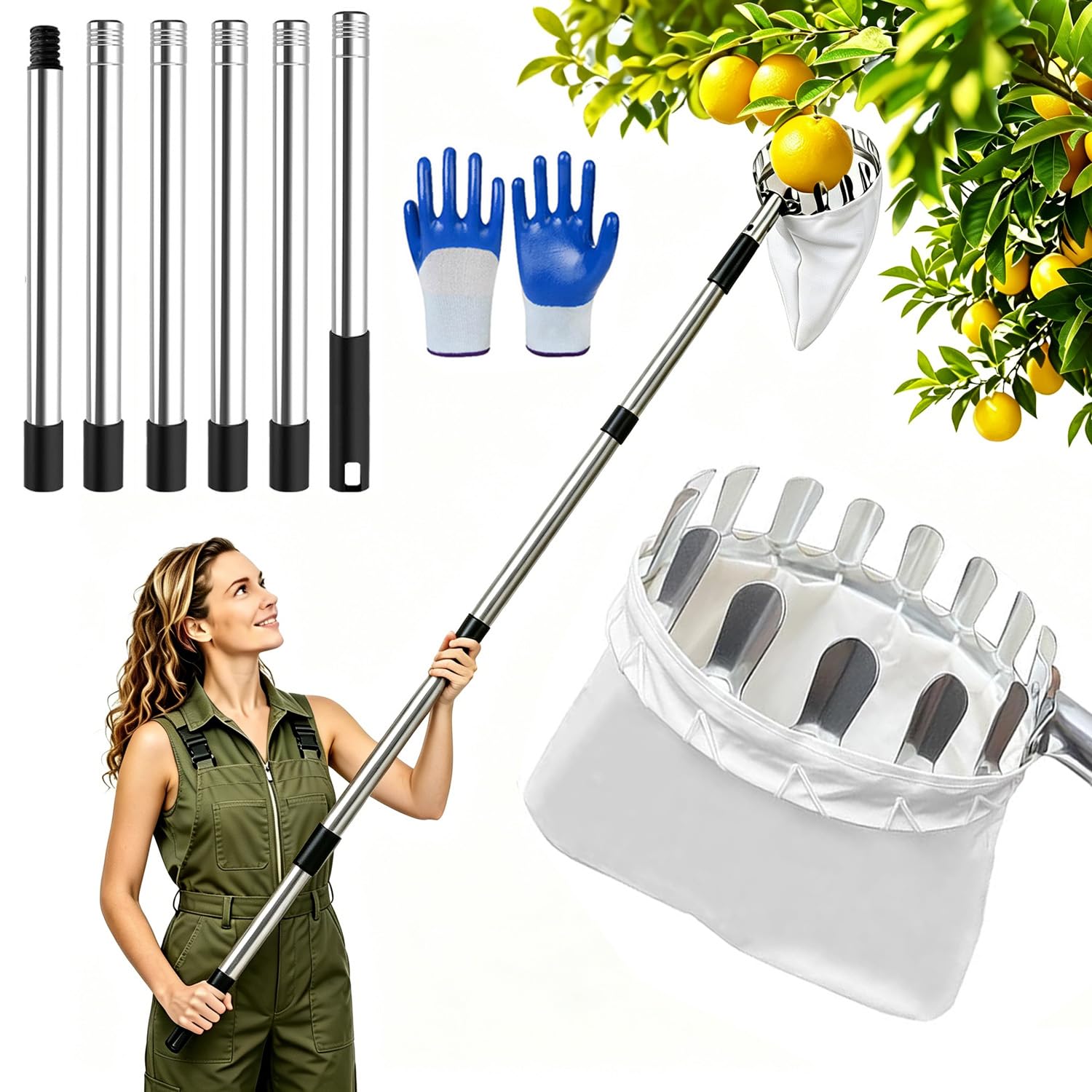 CHAMSUREUK 2.6M/8.5FT Fruit Picker with Fabric Bag, Fruit Grabber Extendable Fruit Tool