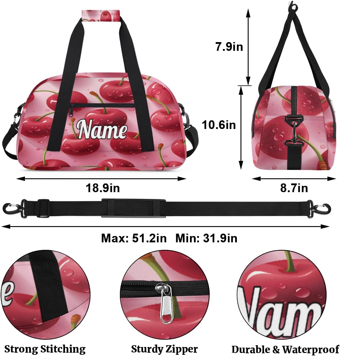 Cute Cherry Fruit Personalized Dance Bag for Girls Boys Sport Duffel Bag with Your Name Kids Gymnastics Travel Bags