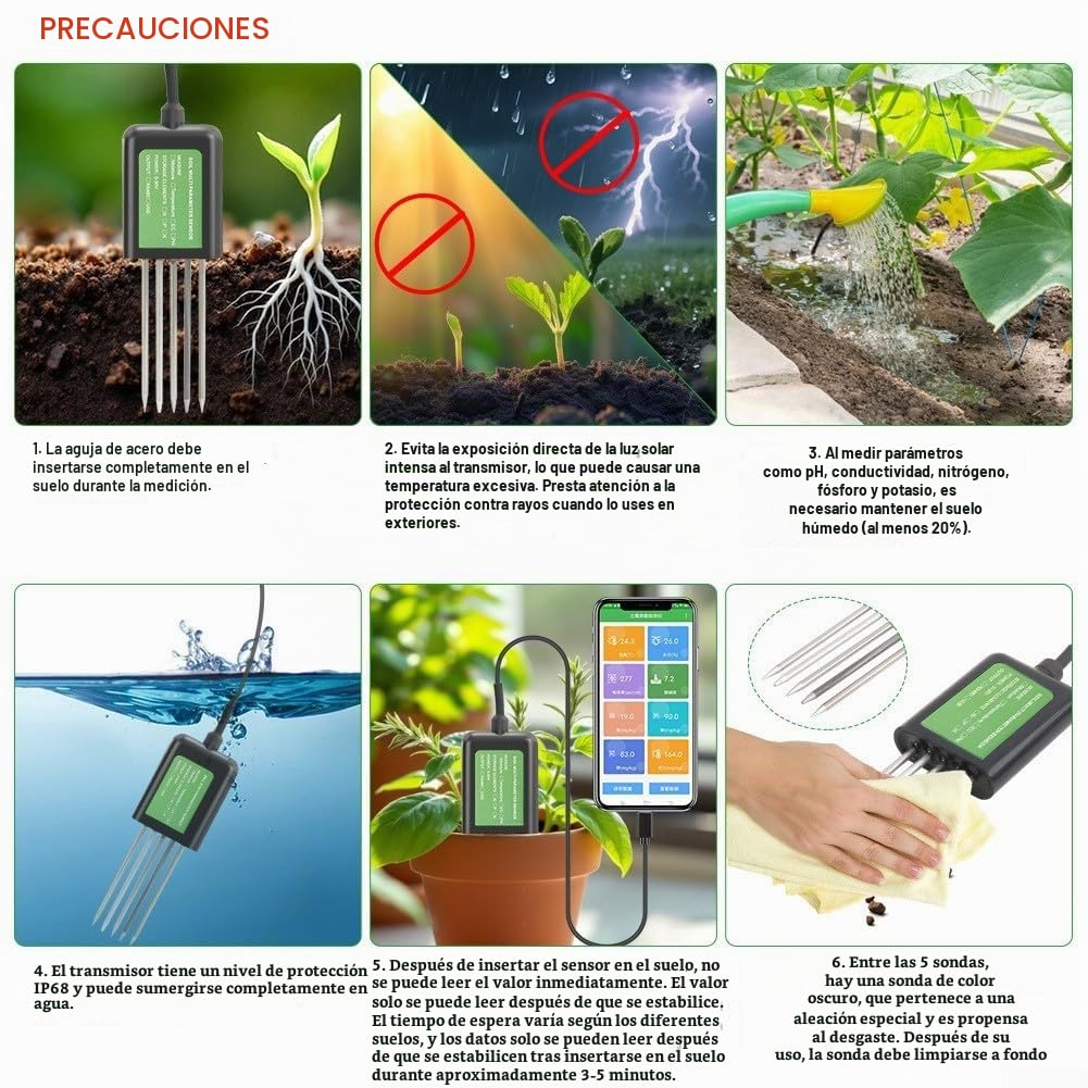 Eawfgtuw 8 en 1 USB Medidor de prueba de suelo digital pH temperatura humedad NPK analizador con soporte de aplicación móvil para agricultura jardinería investigación IP68 impermeable