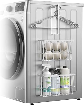 Laundry Room Organization and Storage Magnetic Dryer Ball Holder with Magnetic Hanger Holder, Magnetic Lint Bin for Washer Dryer, Iron Basket Dryer Ball Container, Magnetic Laundry Organizer White