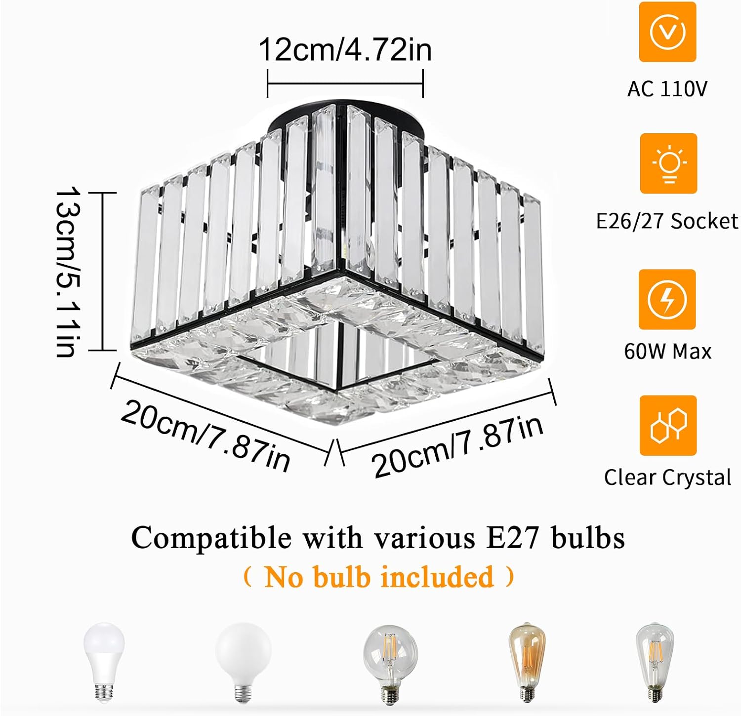 Modern Crystal Ceiling Light Fixture, Semi Flush Mount Lighting Matte Black Finish LED with E26/27 Base for Bedroom, Entryway, Foyer, Hallway, Dining Room