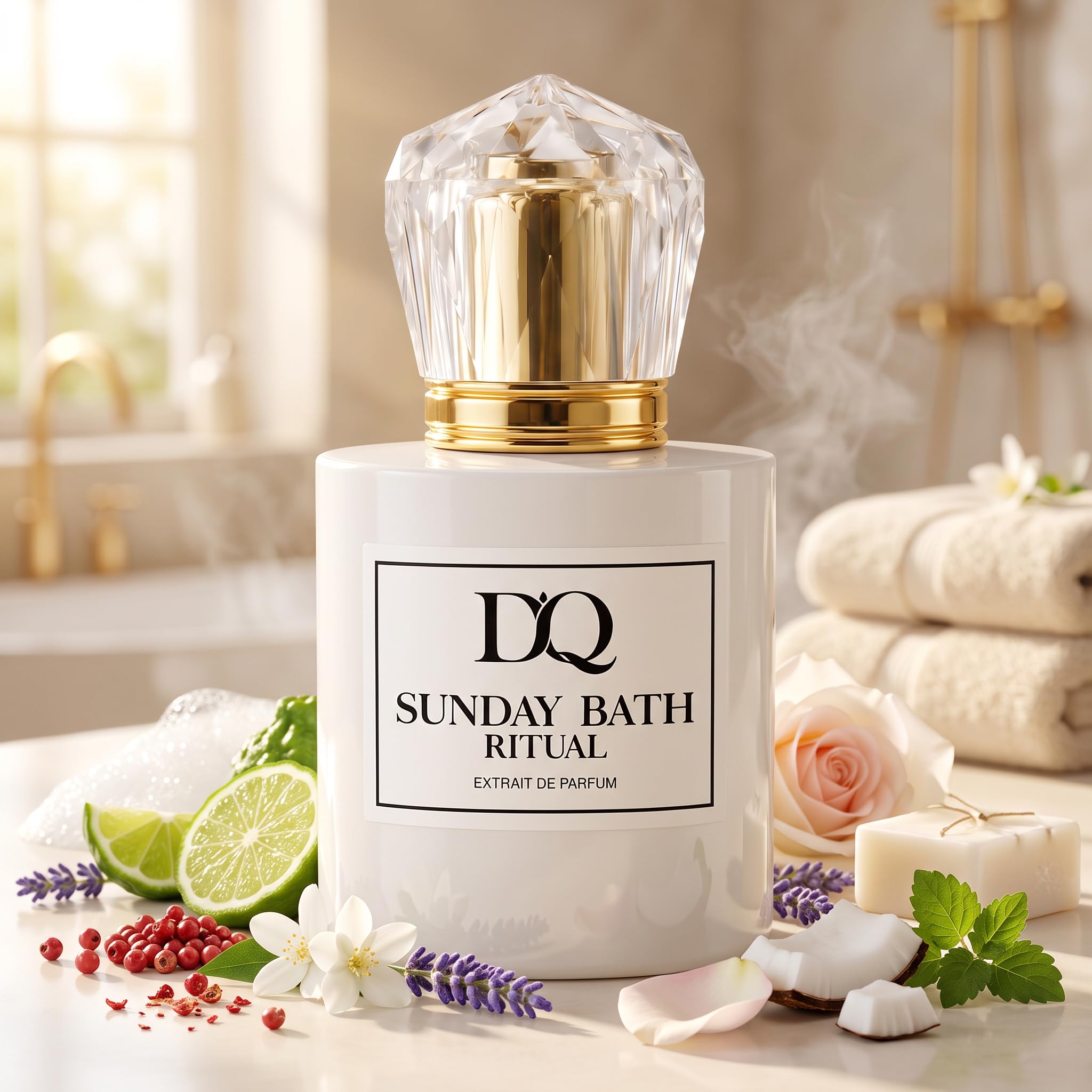 D’QAR Sunday Bath Ritual | Extrait de Parfum 50 ml – Frisch-sauberer Damenduft mit Bergamotte, Jasmin, Lavendel, Rose, weißem Moschus & Kokosnuss – Langanhaltendes Clean-Girl Parfum