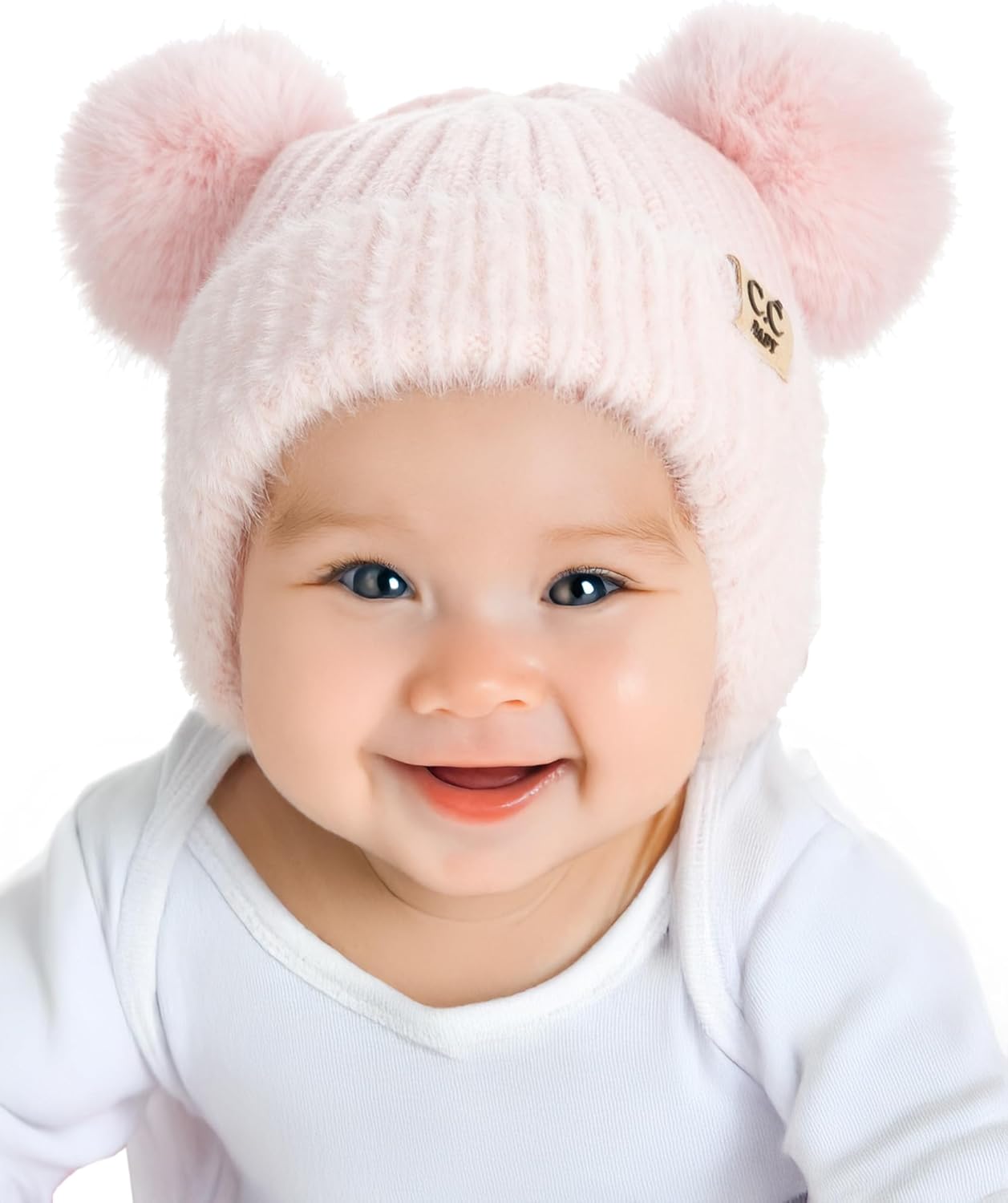 Funky Junque 2 Pack Infant Double Pom Chenille Earflap Beanie & Baby Mittens - Light Pink