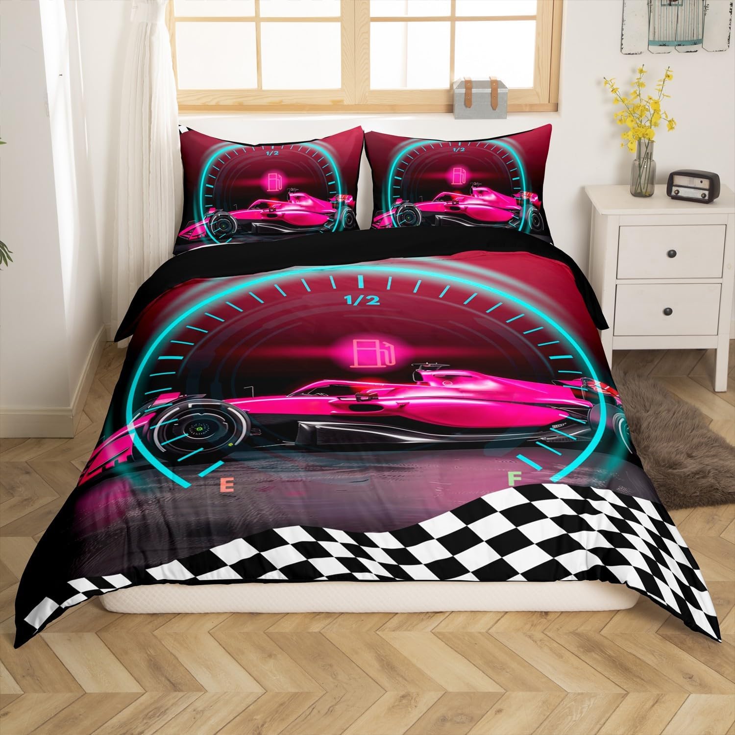 Pink Racing Car Duvet Cover Set Toddler Size Cool Speed Sports Kart Bedding Set 2pcs for Boys Teens Neon Race Car Dashboard Comforter Cover Checkered Flag Quilt Cover,1 Pillowcase(Not Comforter)