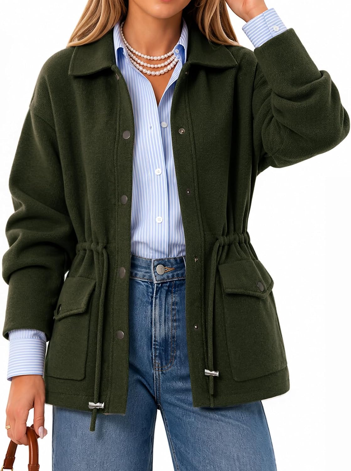 CiCiBird Womens Collared Cardigan Drawstring Waist Sweater Jacket