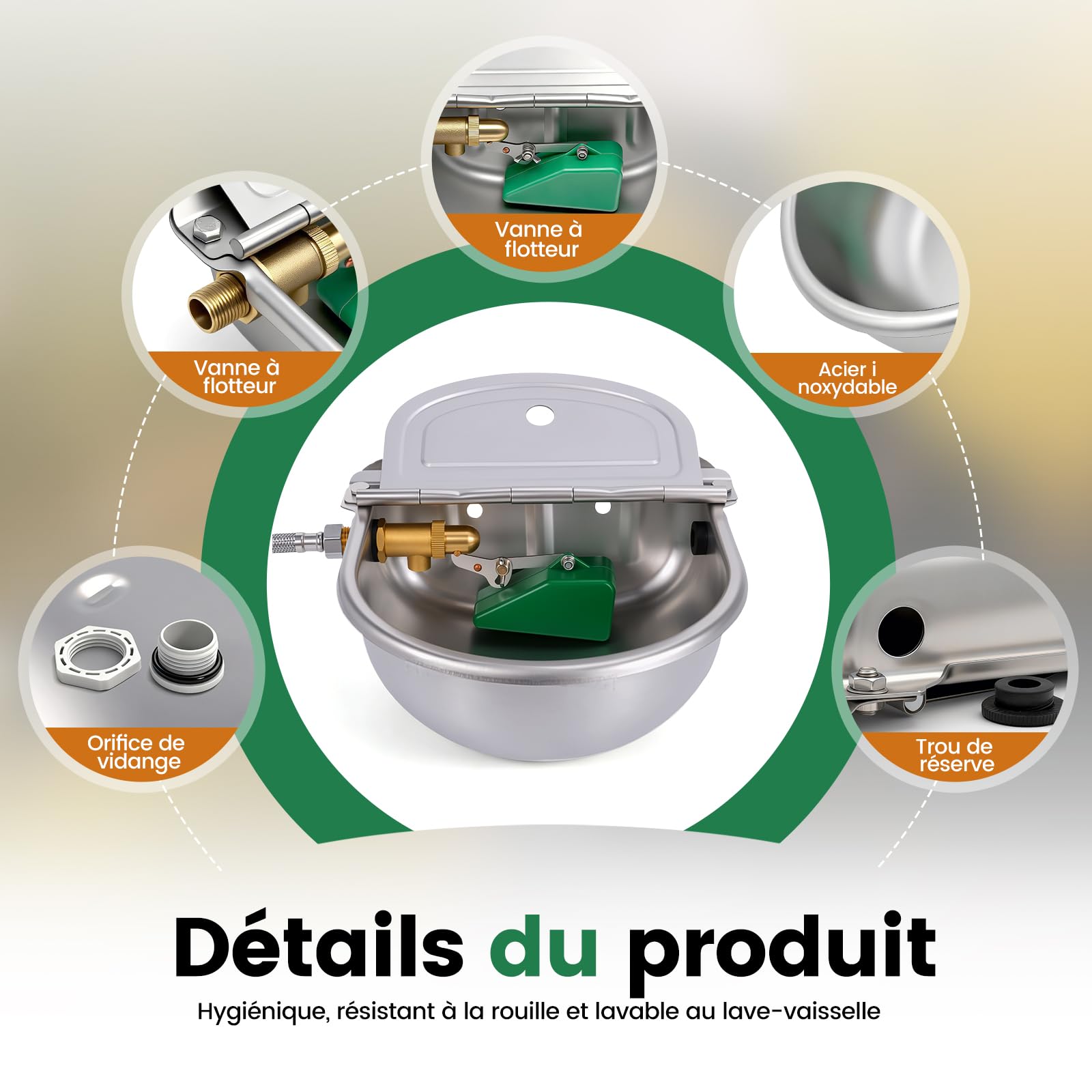 Abreuvoir Automatique en Acier Inoxydable 4L, Abreuvoir pour Chevaux et Bovins avec Vanne Flottante en Laiton et Trou de Vidange, Adapté aux Chevaux, Bovins, Chèvres, Moutons et Chiens
