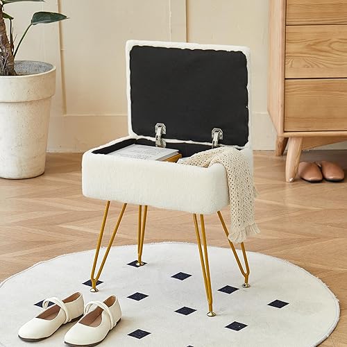 BMWEI Taburete de tocador, otomana de almacenamiento rectangular, reposapiés, silla de piel sintética suave, mesa auxiliar lateral pequeña, patas de