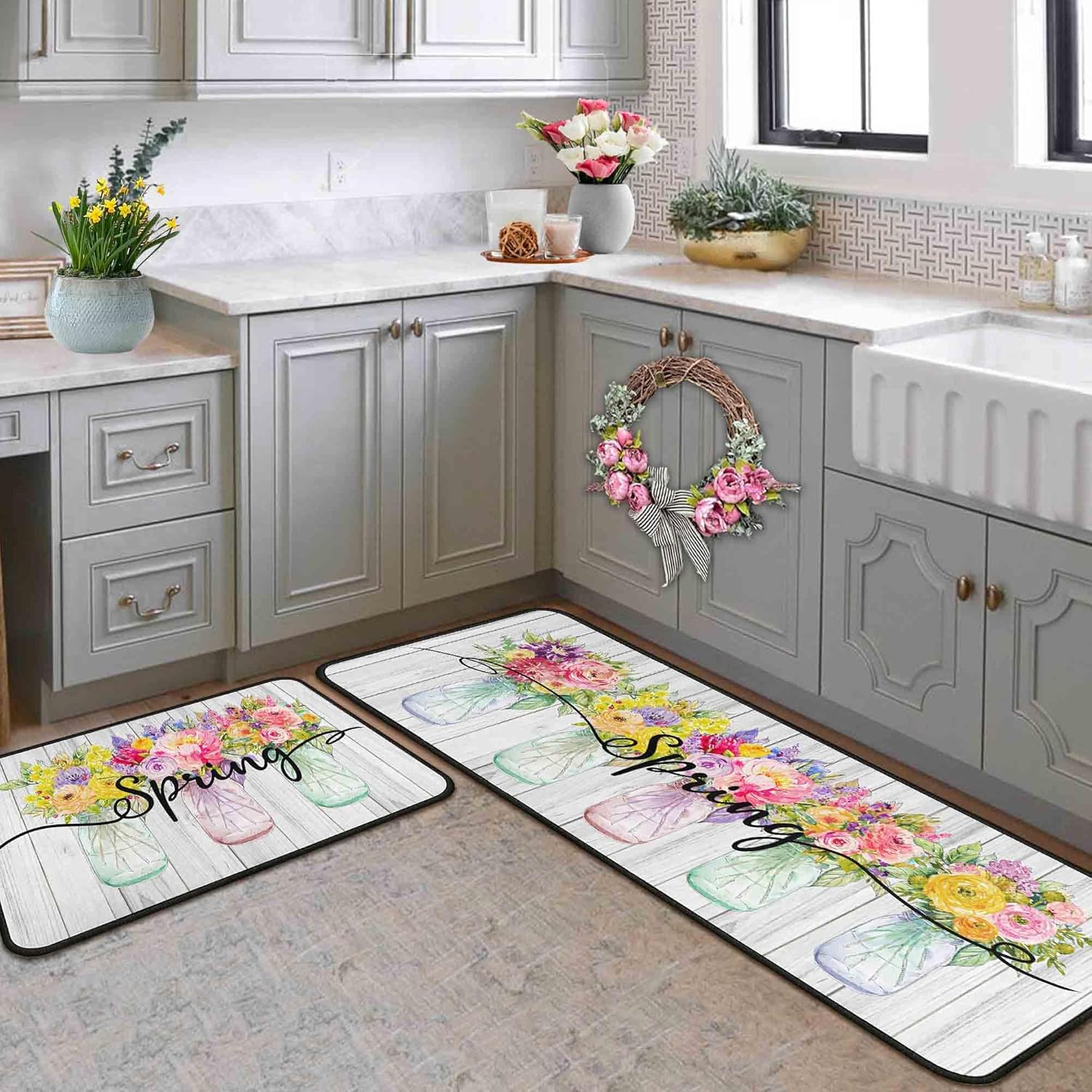 Vases Flowers Spring Decorative Kitchen Rugs Set of 2, Home Decor Non-Slip Floor Mat, Holiday Kitchen Decorations 17"x47"+17"x30"